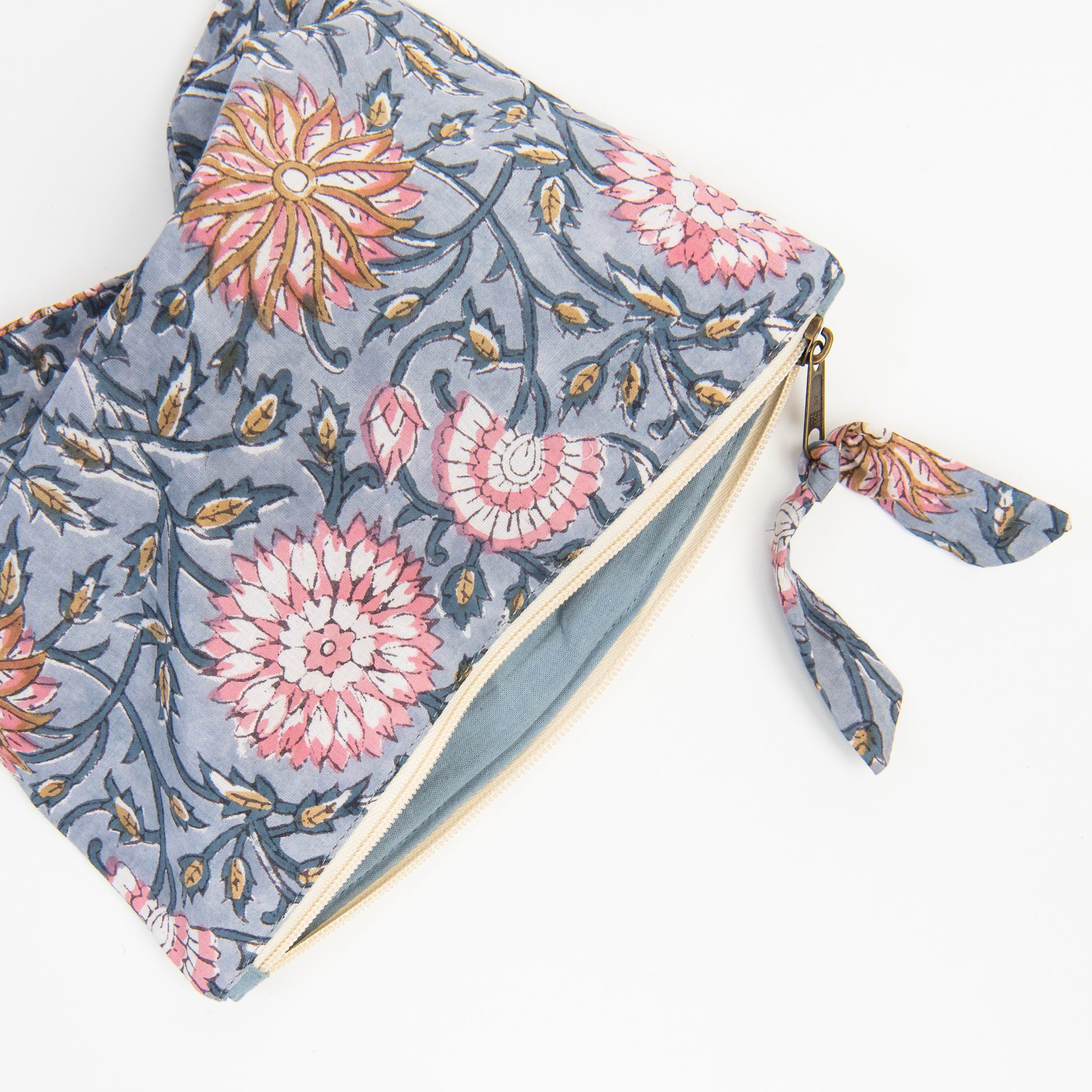 Block Print Pouch in Blue on a white background at Addison West