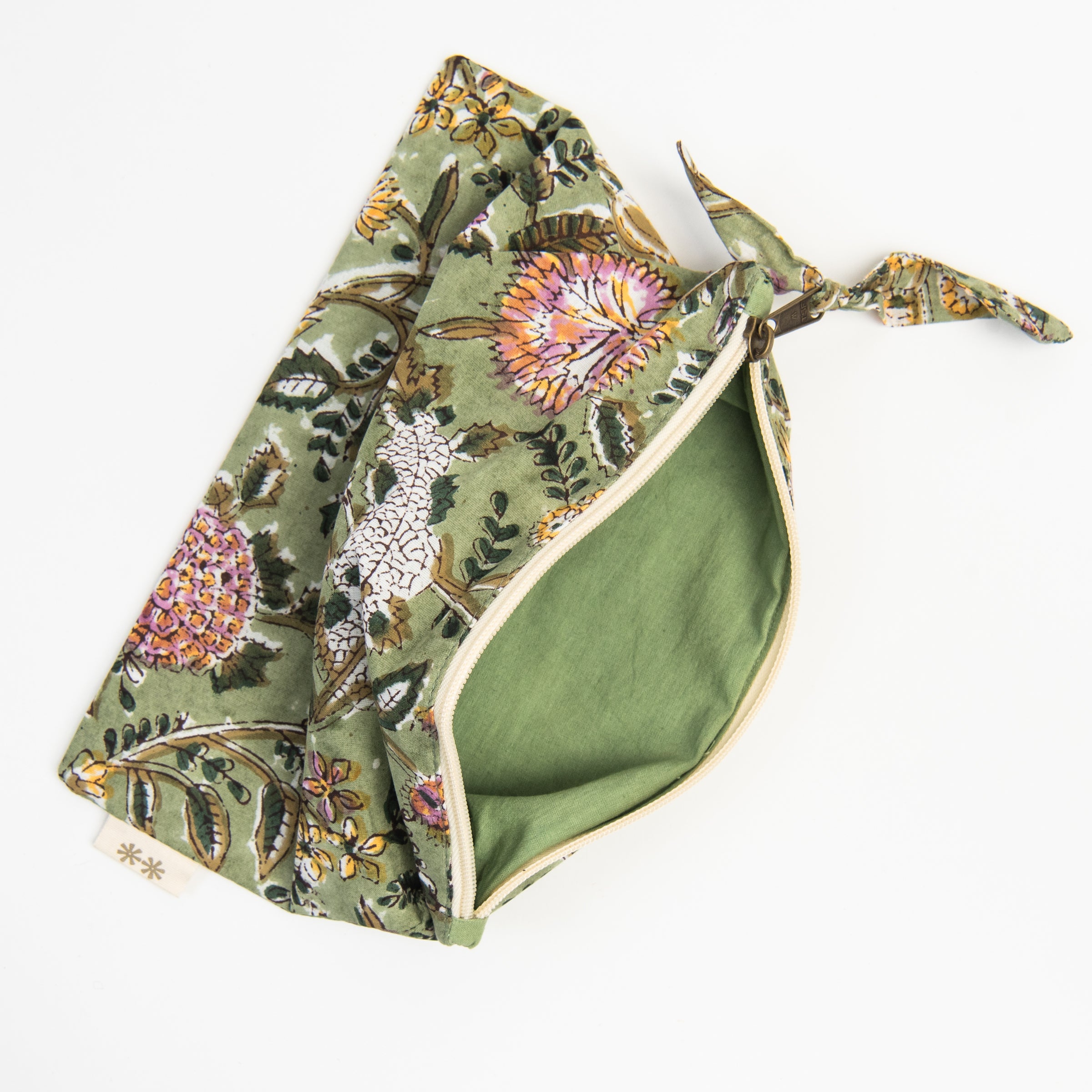 Block Print Pouch in Green on a white background at Addison West