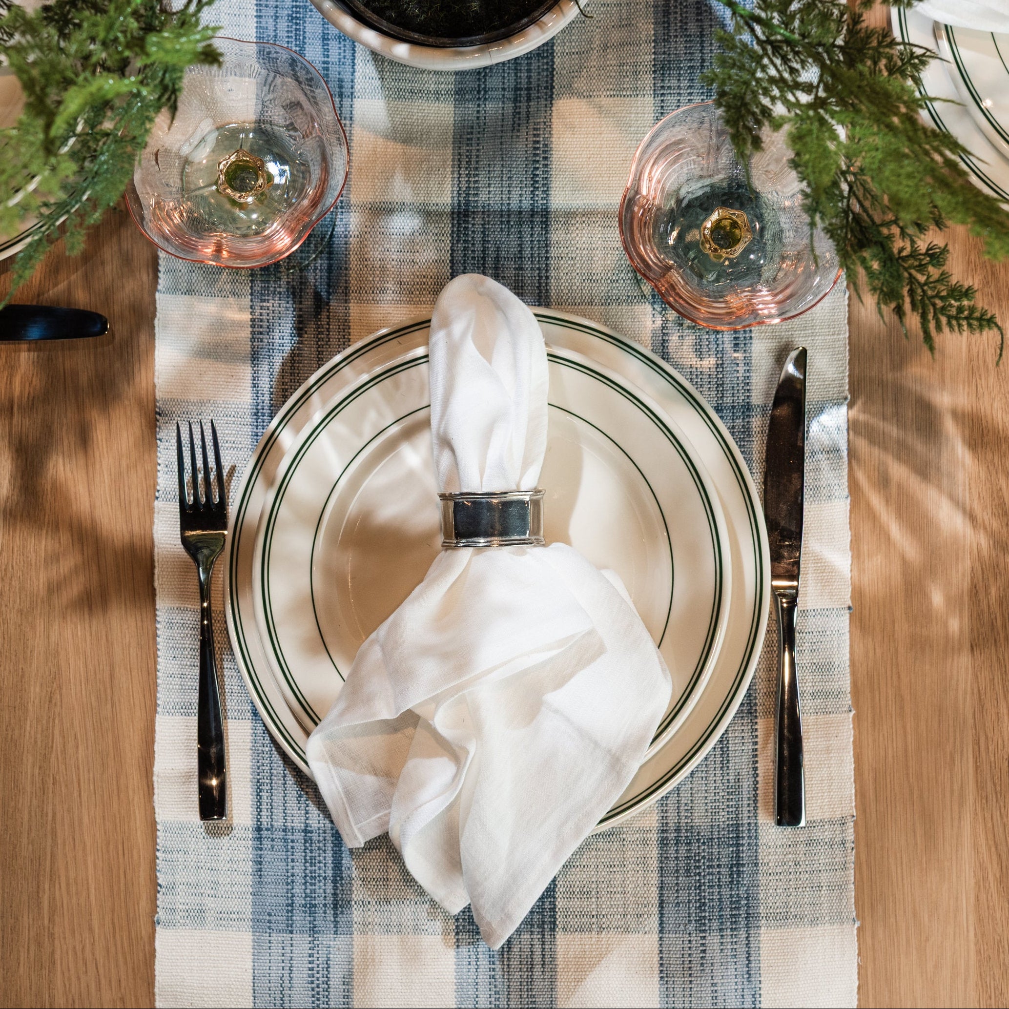 Grace Gingham Table Runner in Light Blue on a table at Addison West