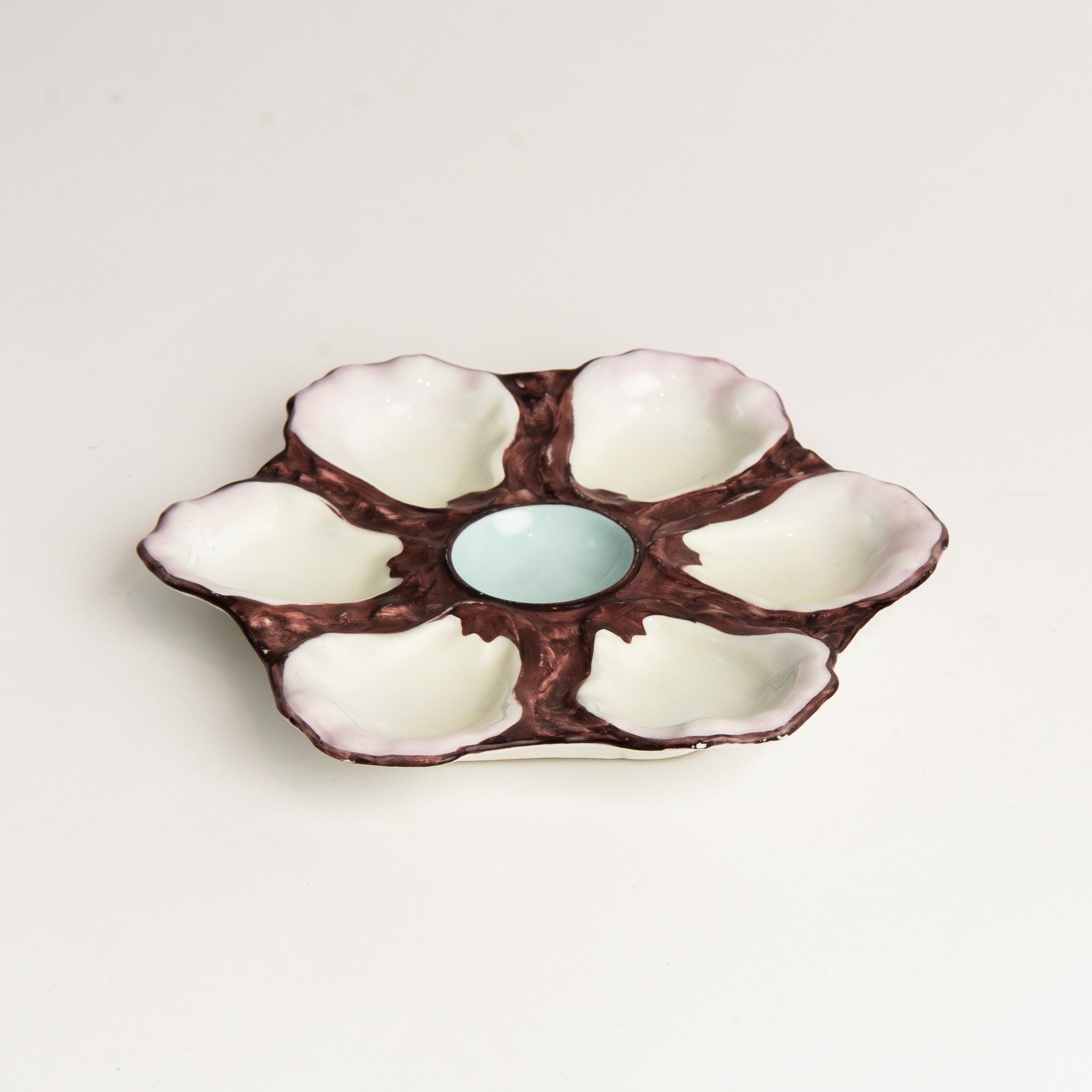 Vintage Seaweed Glaze Oyster Plate on a white background at Addison West