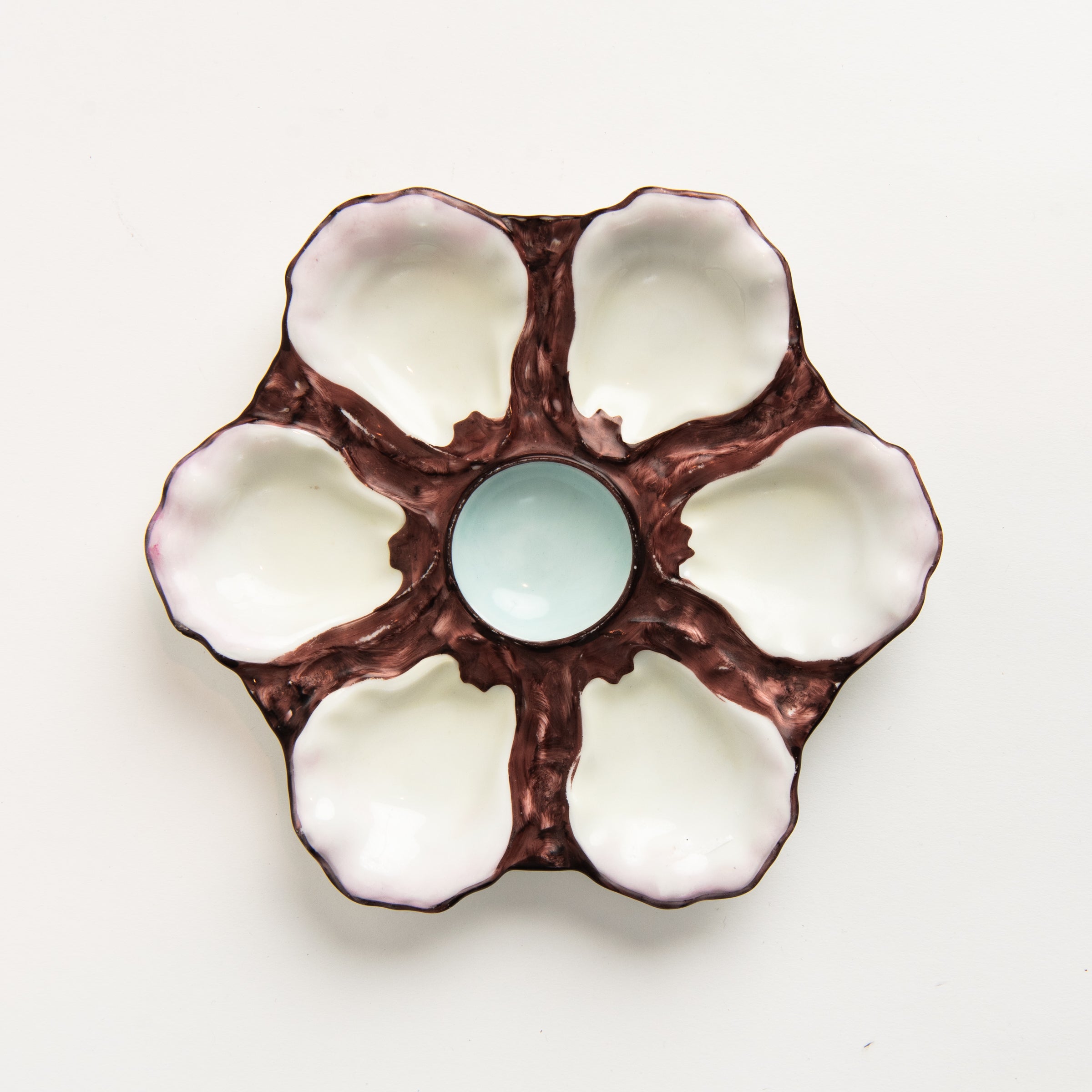 Vintage Seaweed Glaze Oyster Plate on a white background at Addison West