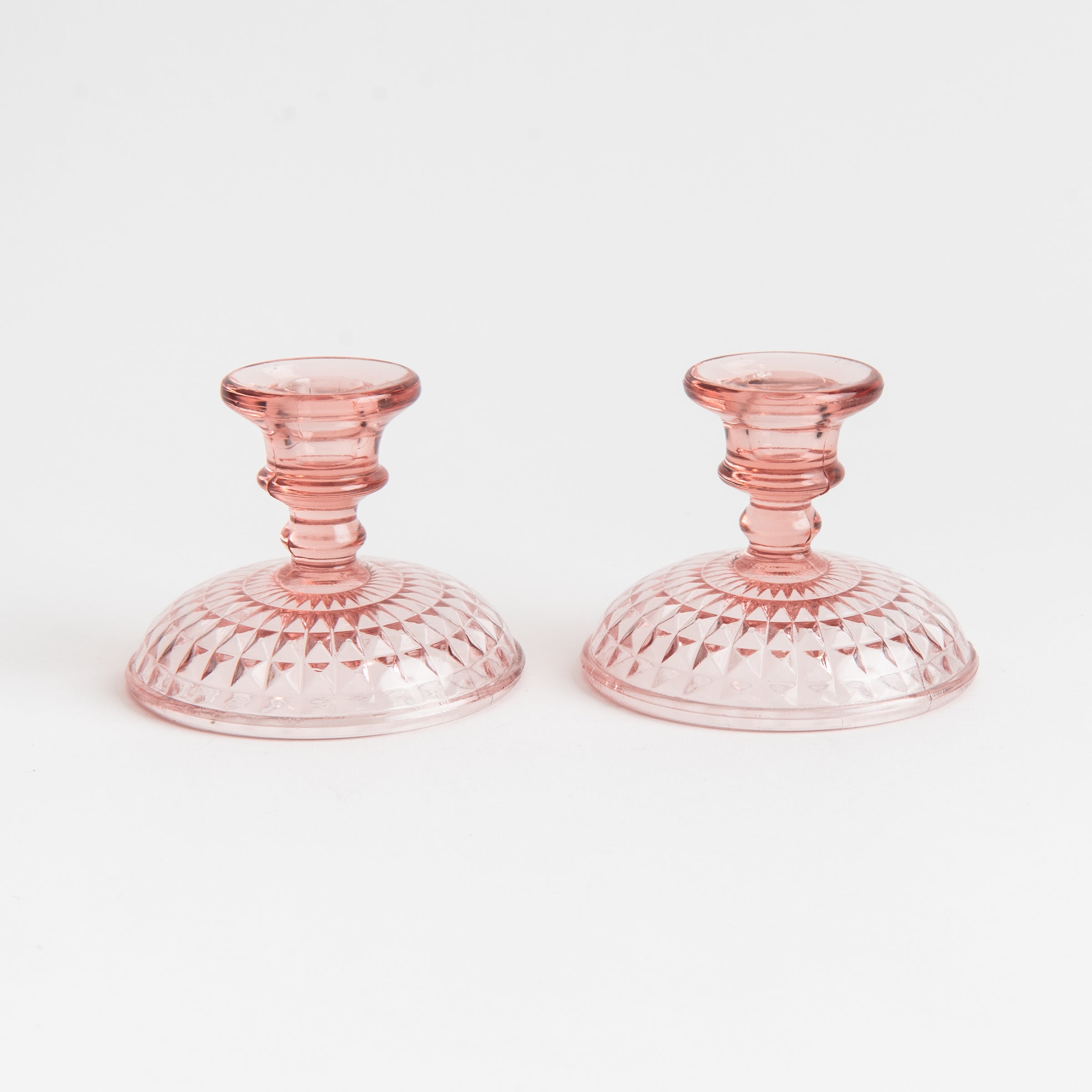 Vintage Blush Pressed Glass Candle Holders, Set of 2 on a white background at Addison West