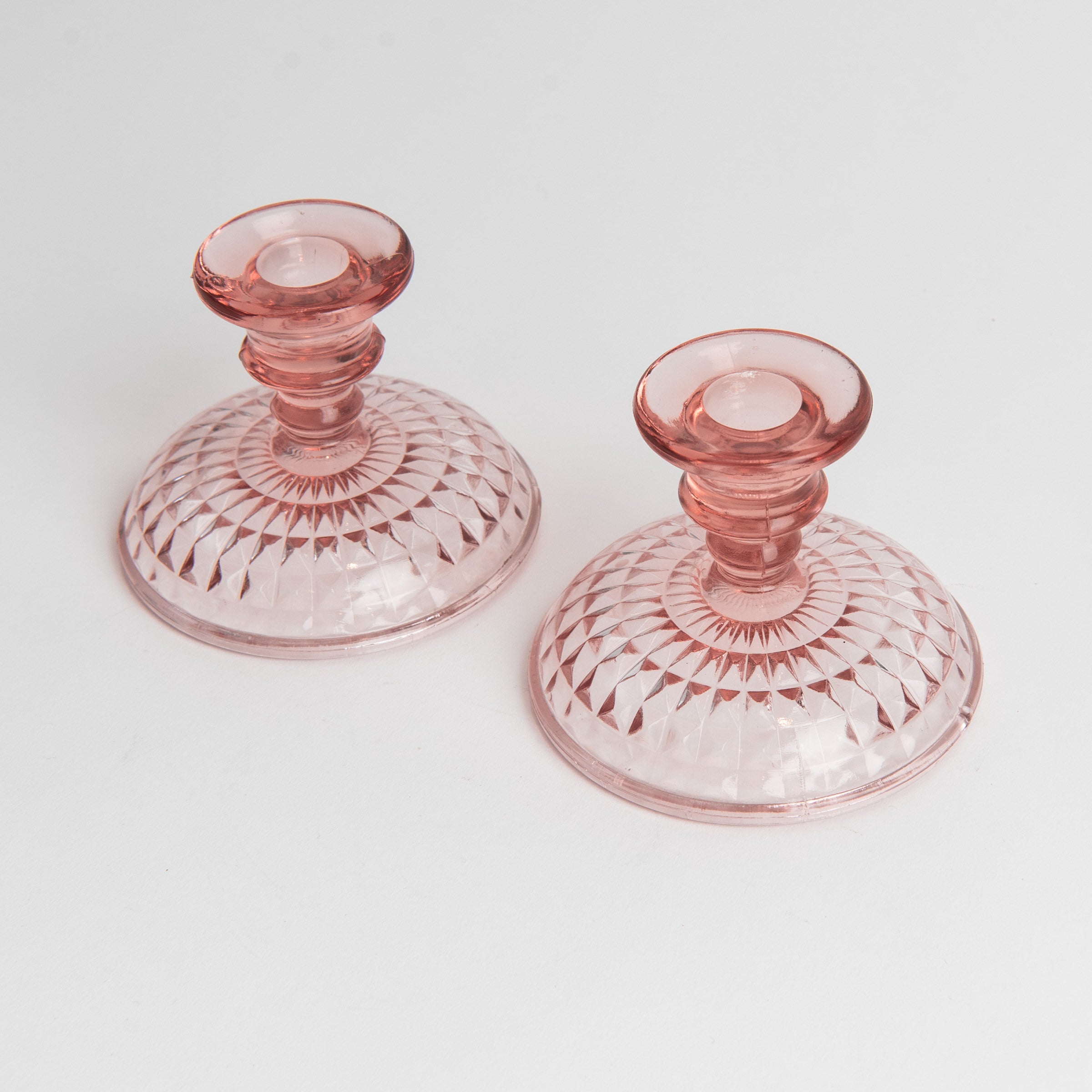 Vintage Blush Pressed Glass Candle Holders, Set of 2 on a white background at Addison West