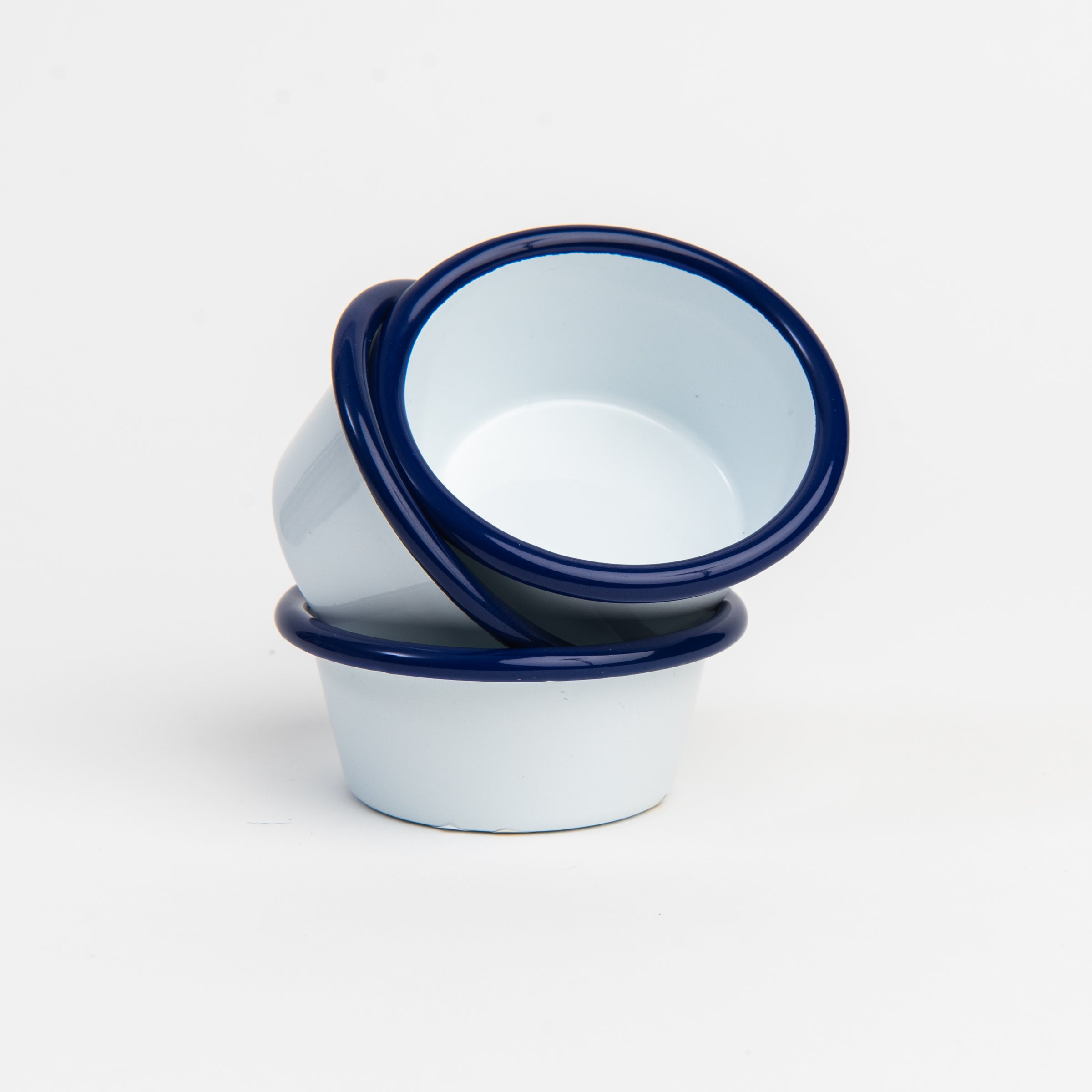 Vintage Enamelware Ramekin, Blue Rim on a white background at Addison West