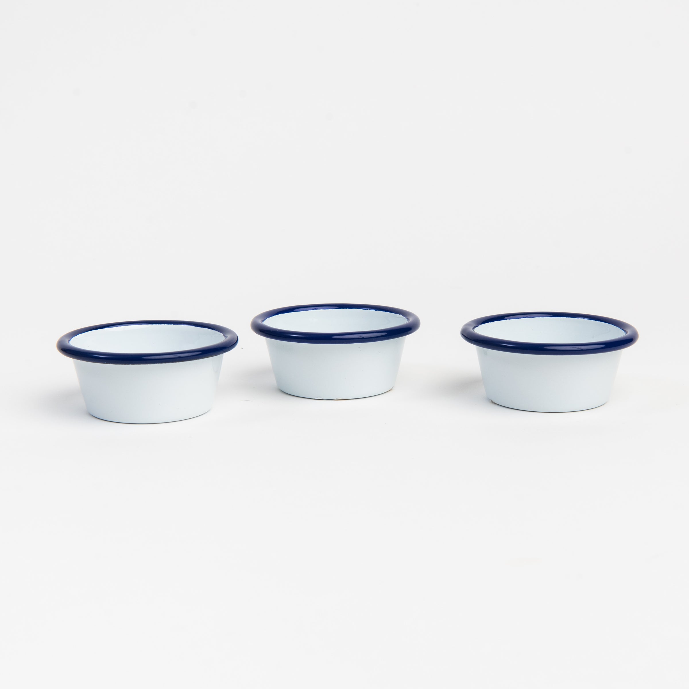Vintage Enamelware Ramekin, Blue Rim on a white background at Addison West