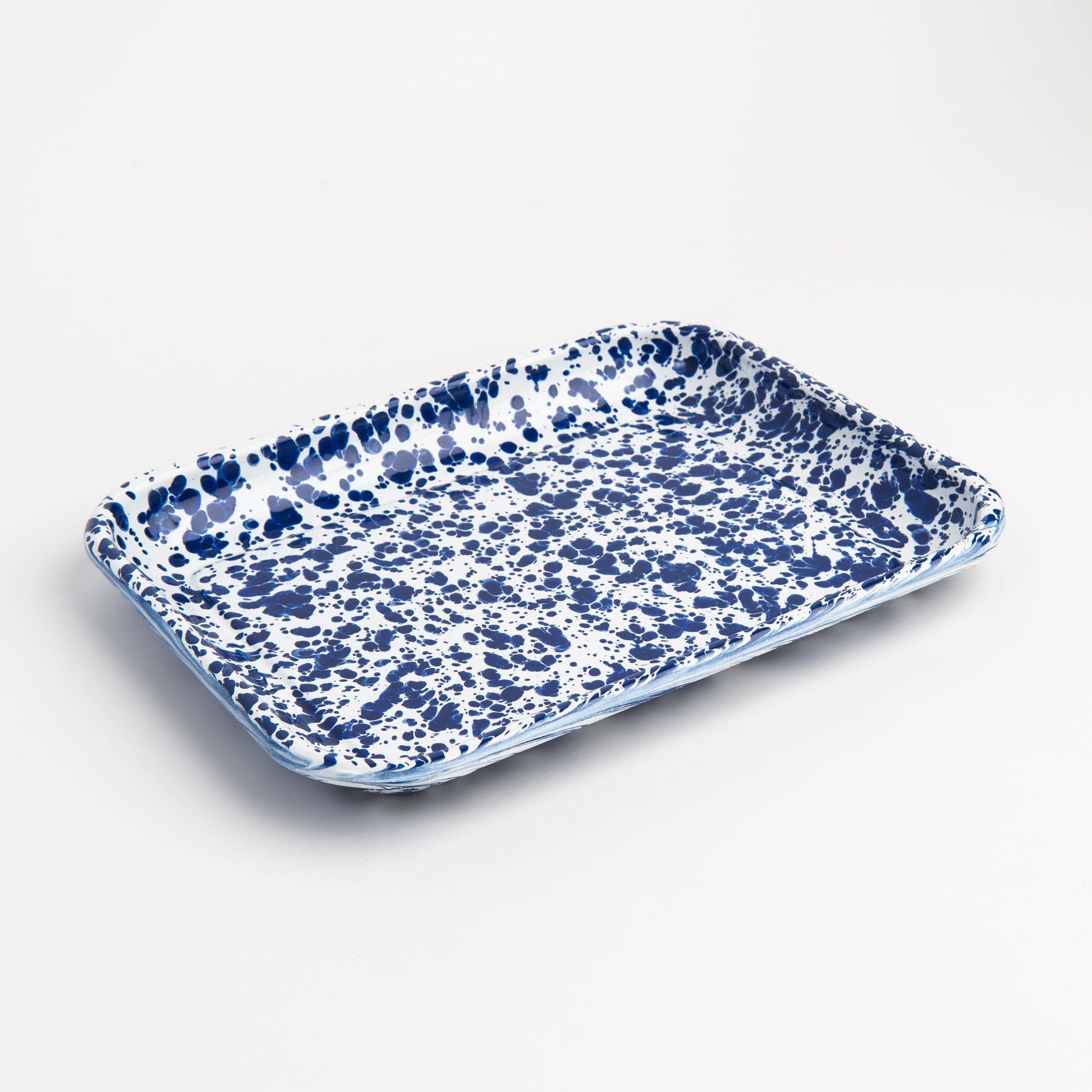 Cobalt Swirl Enamelware Quarter Sheet Tray on a white background at Addison West