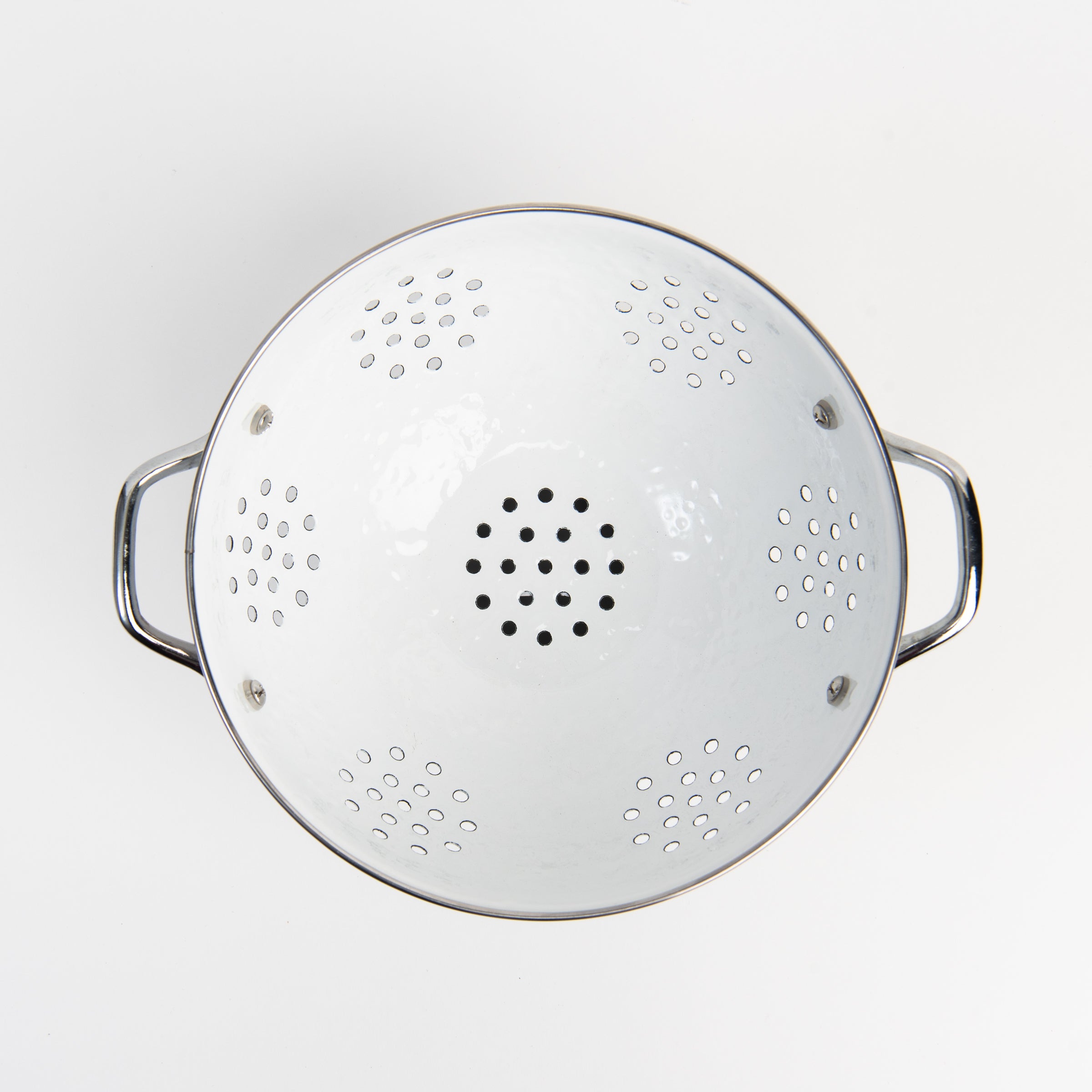 Large White Enamelware Colander on a white background at Addison West