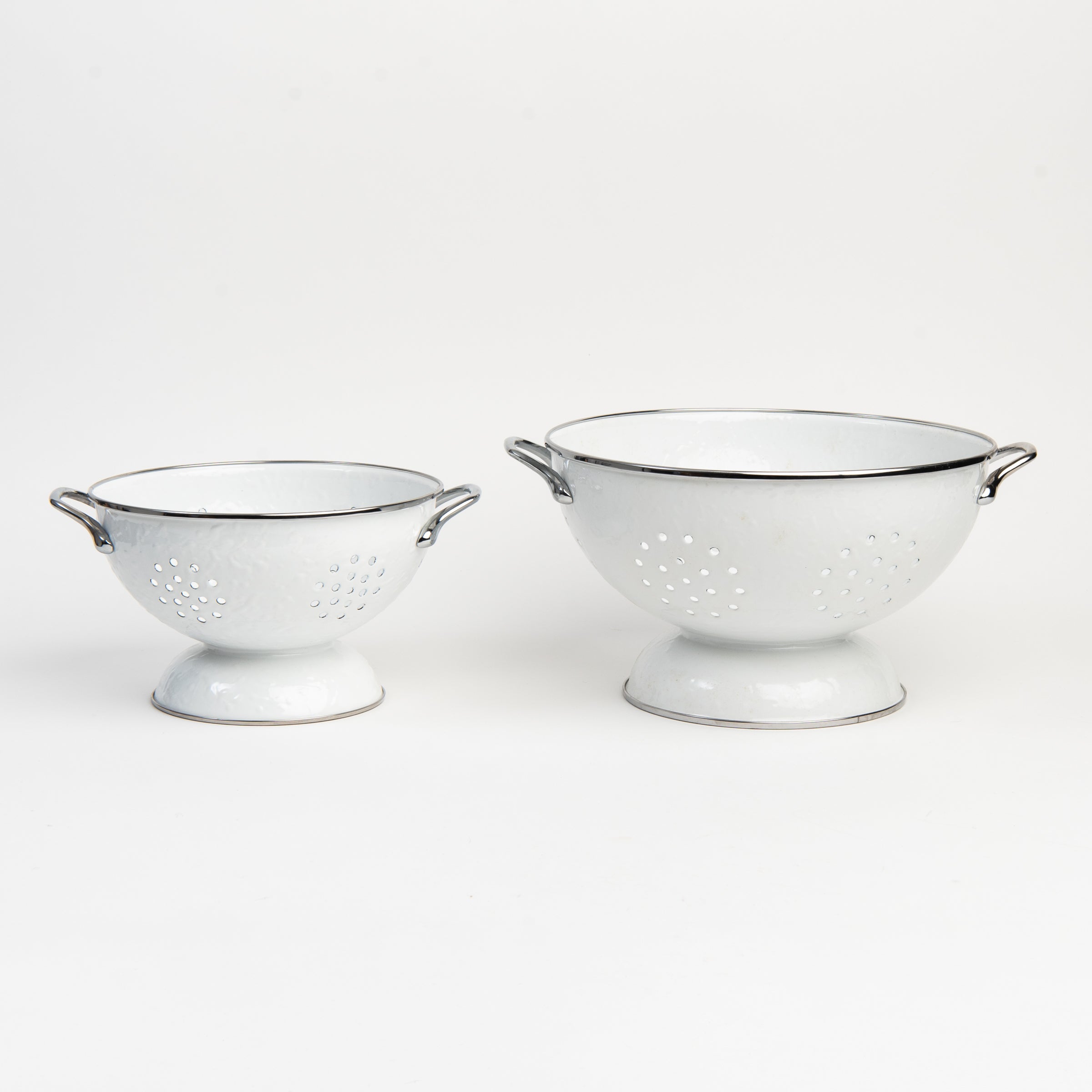 White Enamelware Colander on a white background at Addison West