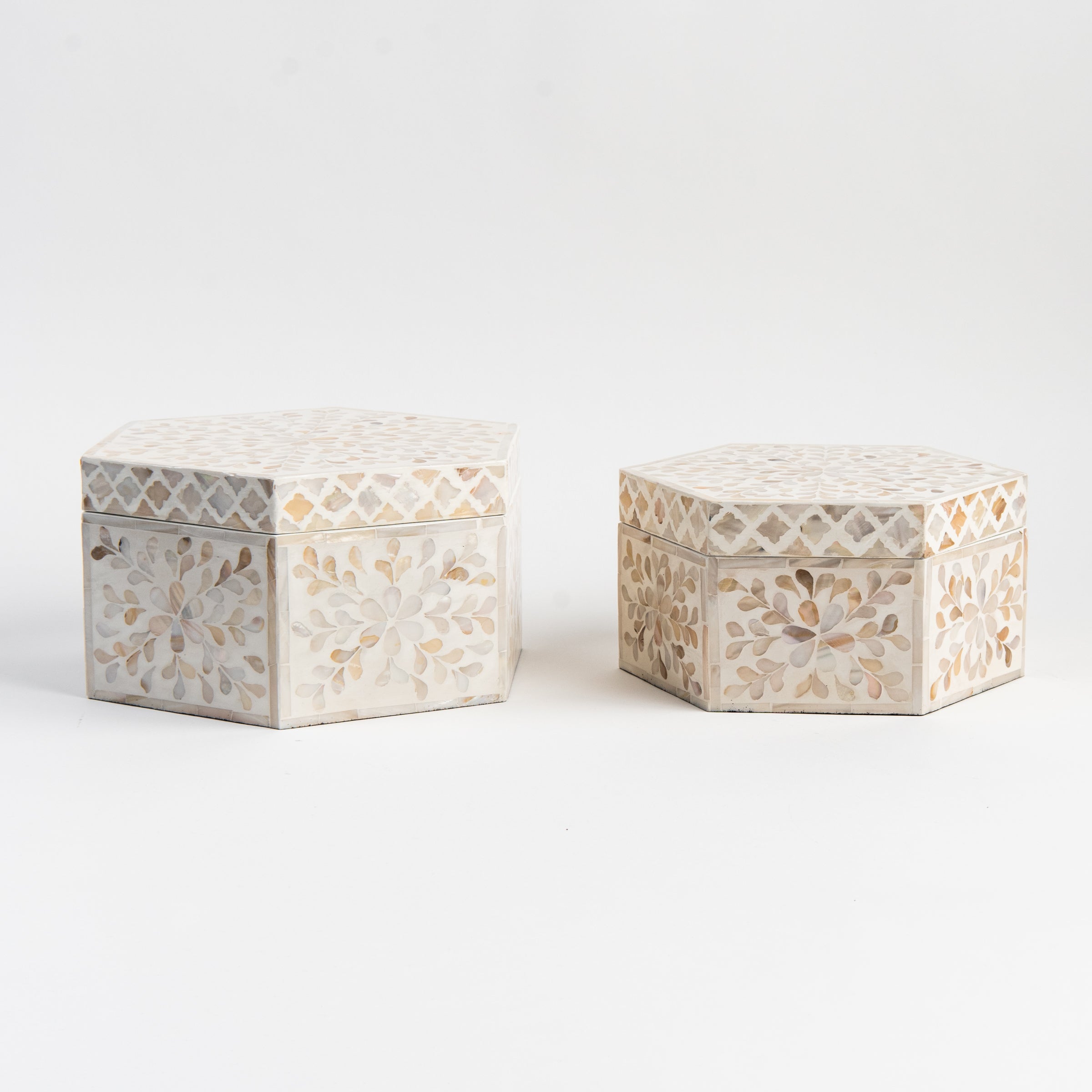 Mother of Pearl Hexagon Box on a white background at Addison West