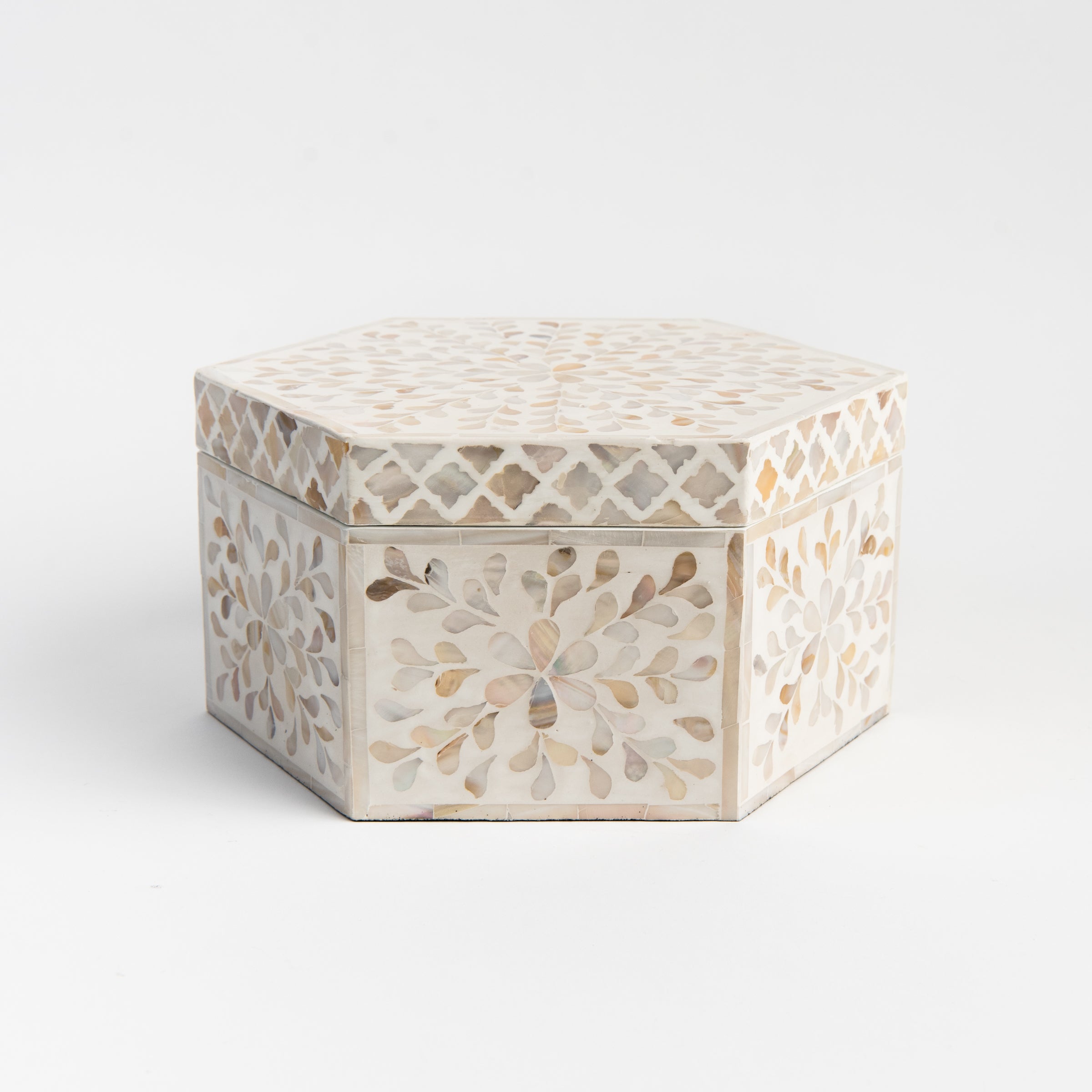 Mother of Pearl Hexagon Box on a white background at Addison West