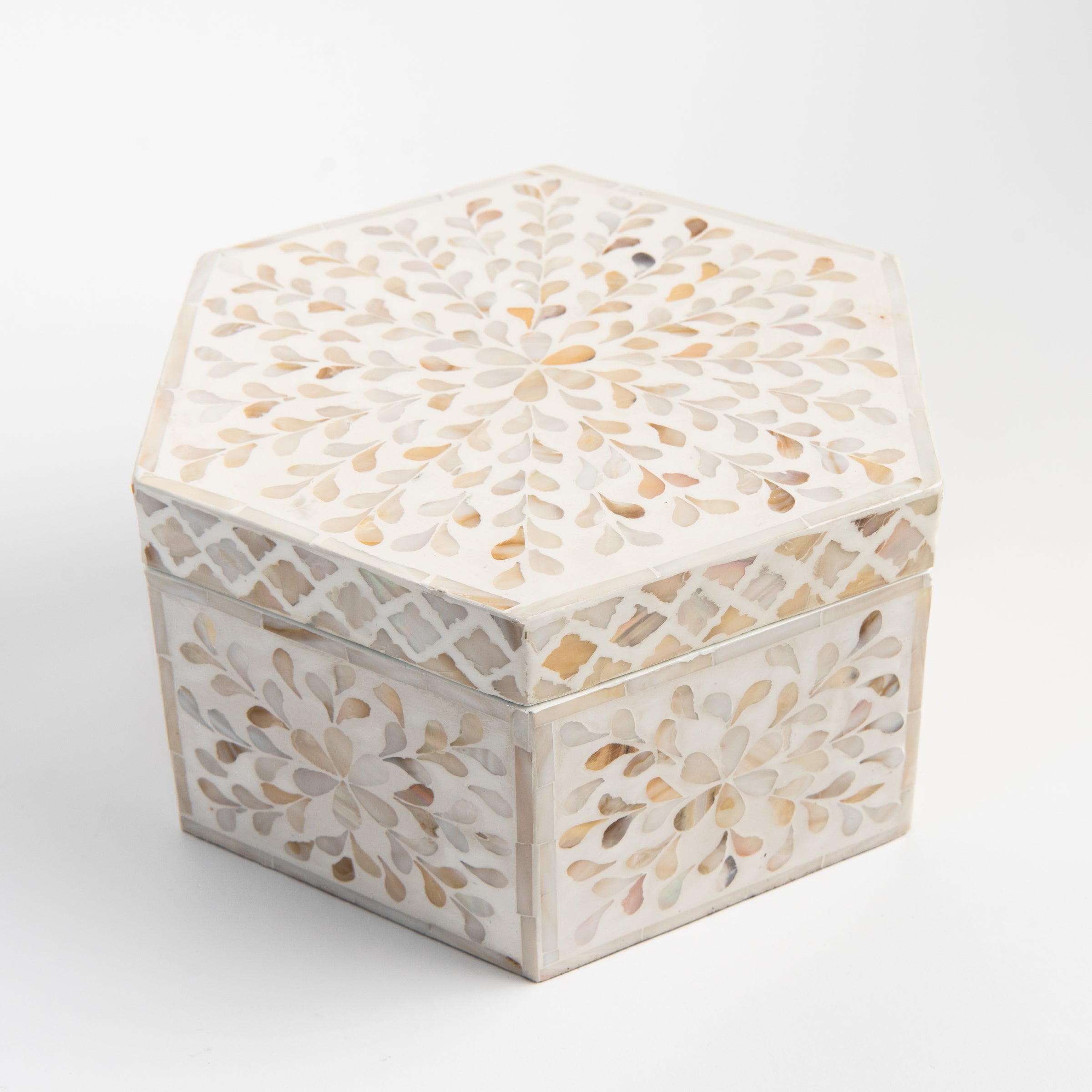 Mother of Pearl Hexagon Box on a white background at Addison West