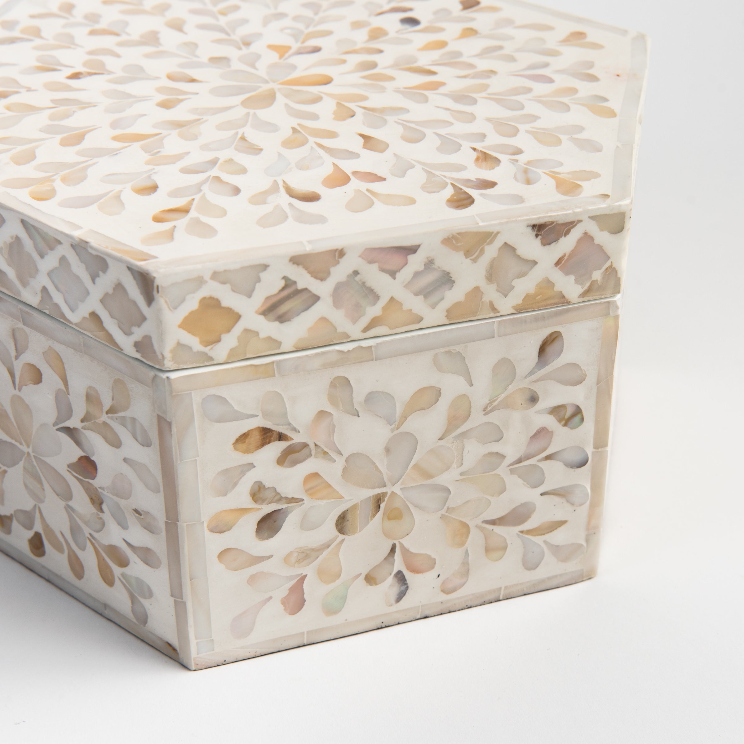 Mother of Pearl Hexagon Box on a white background at Addison West