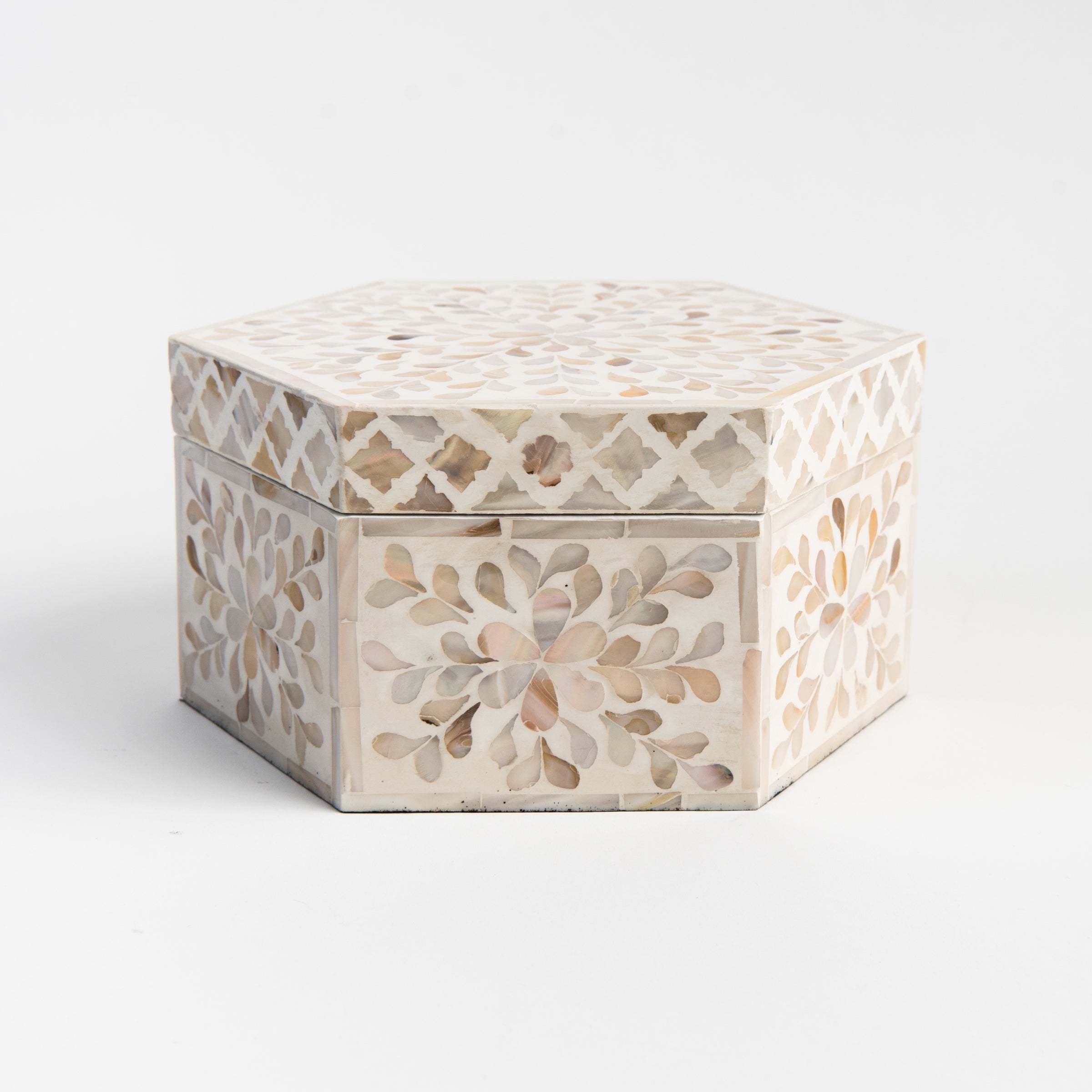 Mother of Pearl Hexagon Box on a white background at Addison West
