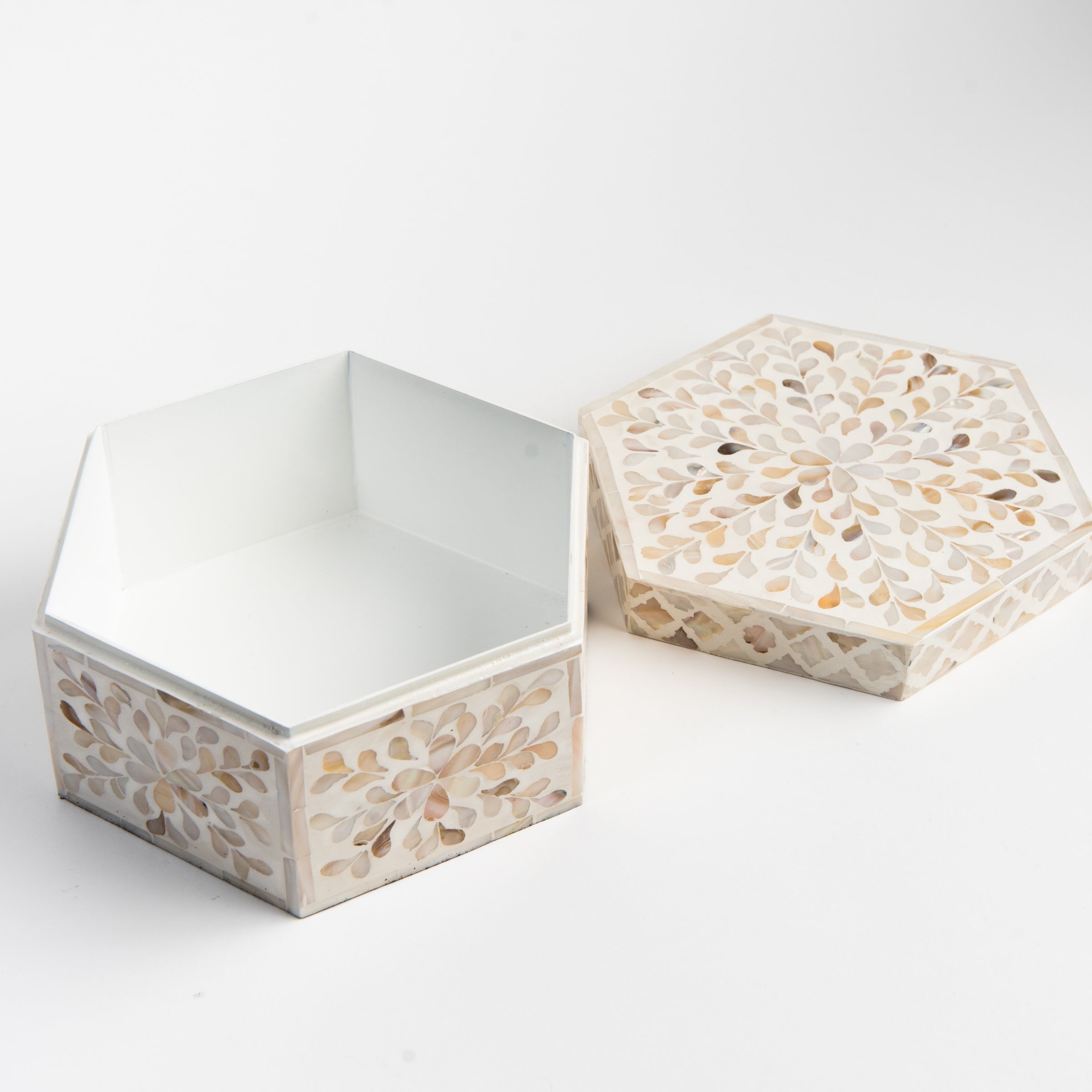Mother of Pearl Hexagon Box on a white background at Addison West