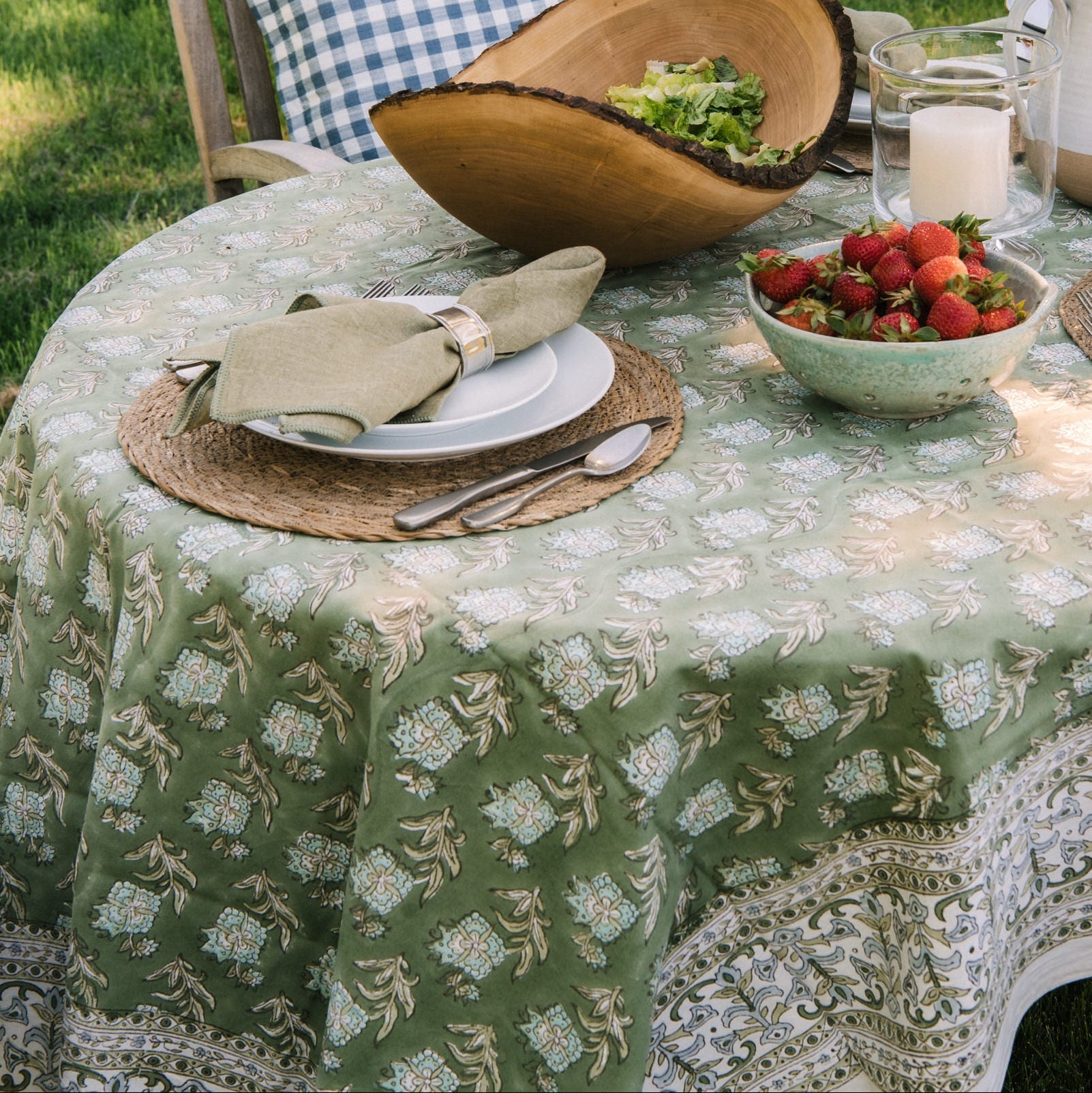 Elowen Block Print Tablecloth on a table outside at Addison West