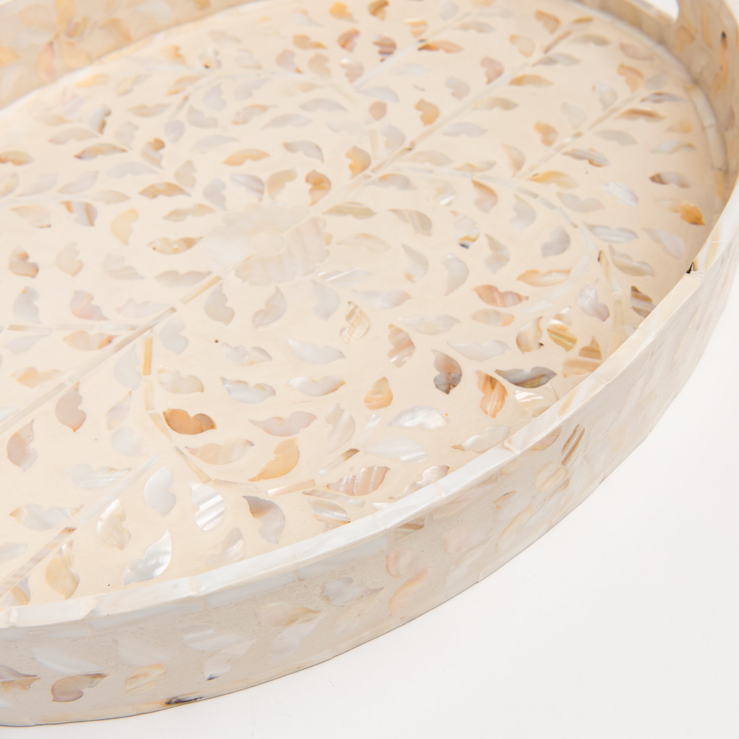 Close up of Large Mother of Pearl Oval Tray on a white background at Addison West