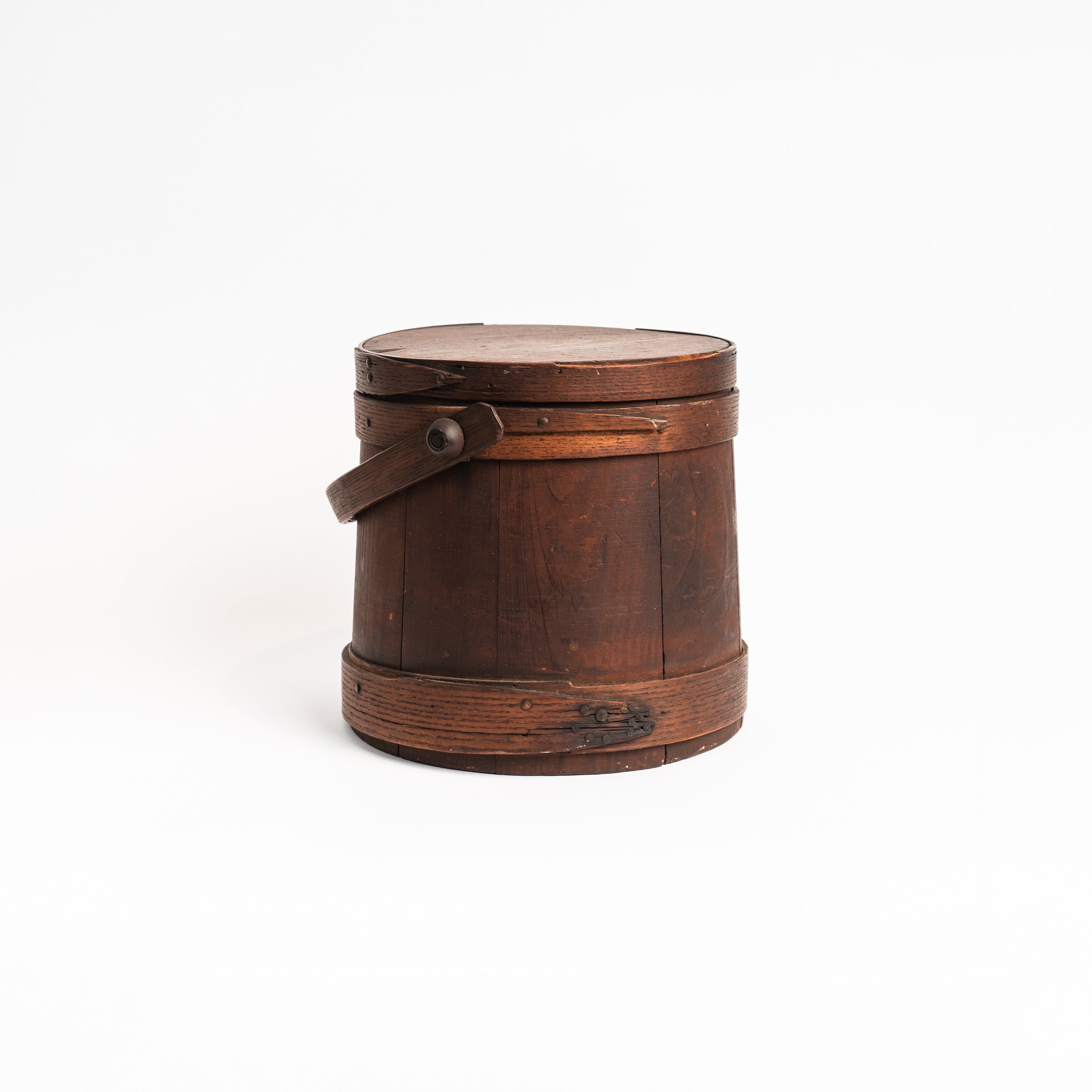 Vintage Wood Firkin Sugar Bucket with Lid on a white background at Addison West