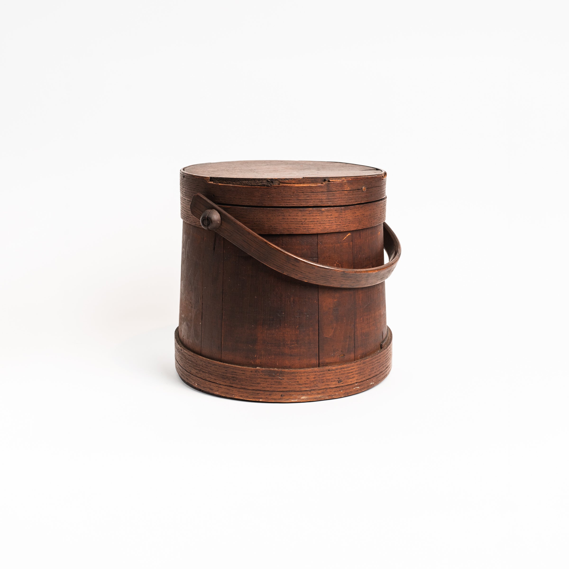 Vintage Wood Firkin Sugar Bucket with Lid on a white background at Addison West