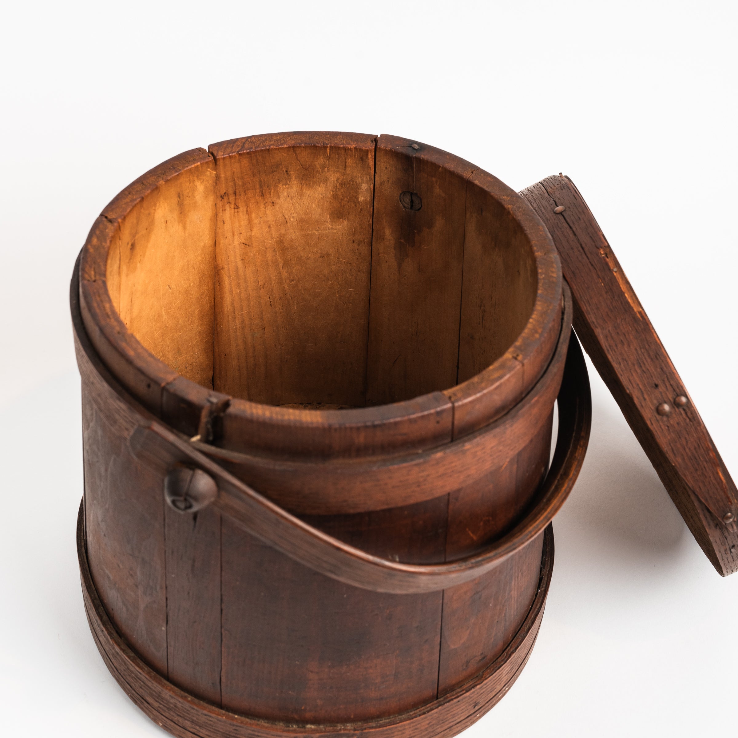 Vintage Wood Firkin Sugar Bucket with Lid on a white background at Addison West