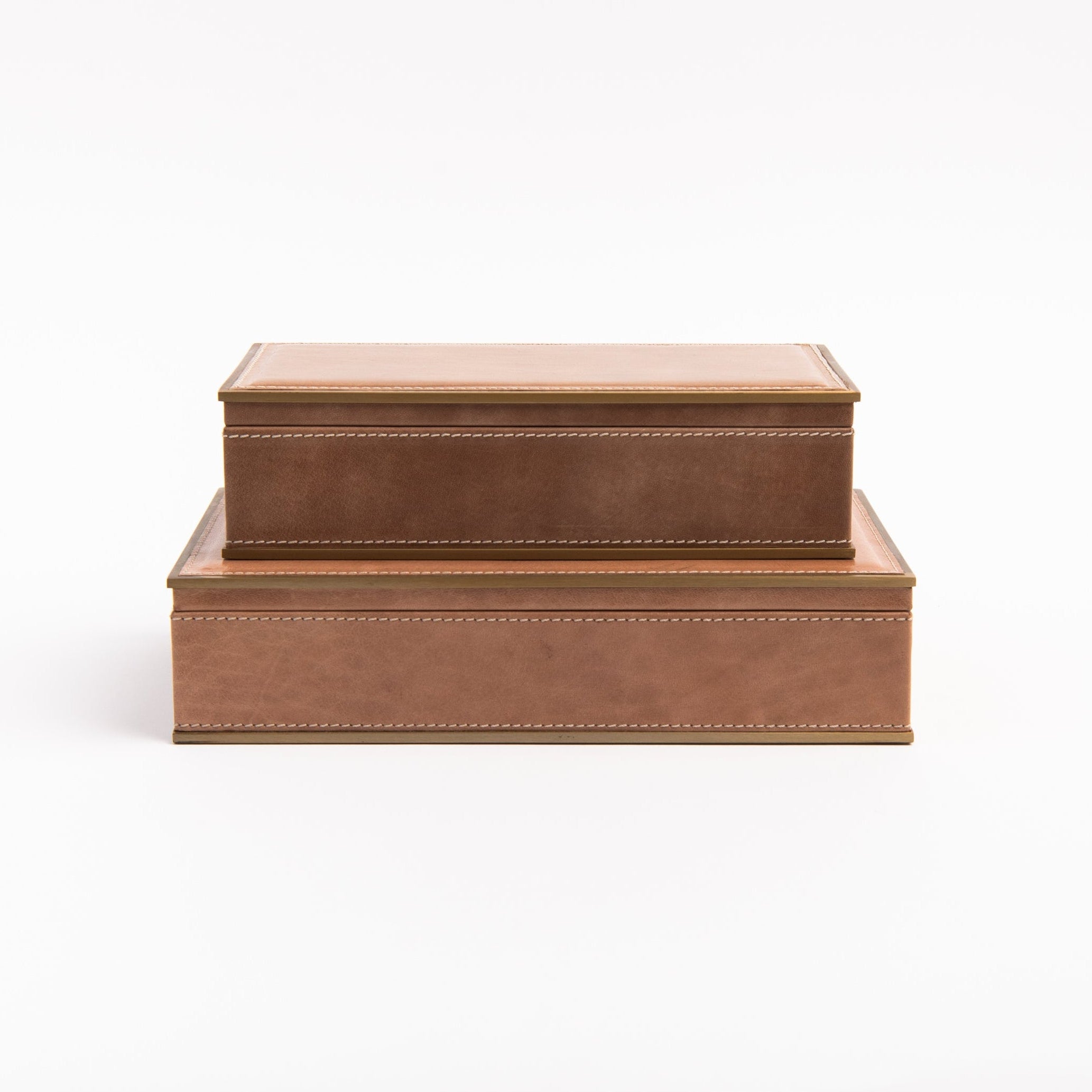 Allerona Leather Box with Brass Trim - Small and Medium stacked on a white background at Addison West
