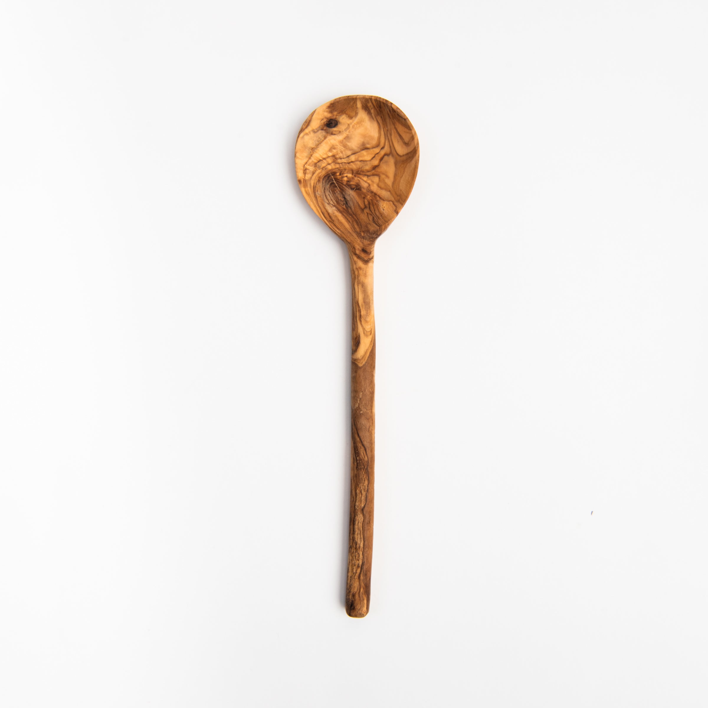 Olive wood spoon with large round head on a white background at Addison West