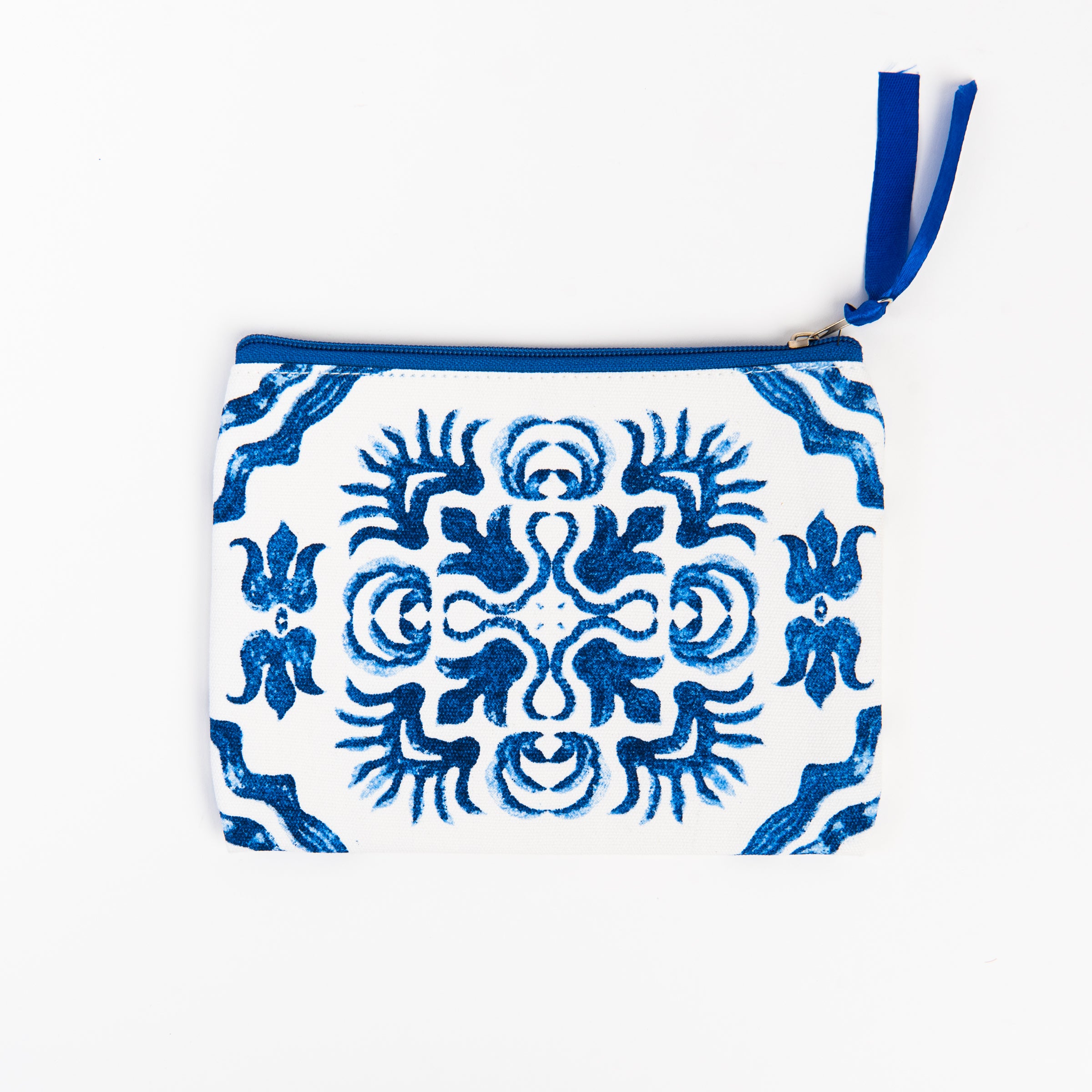 Blue Tile Block Print Zipper Pouch - Small on a white background at Addison West