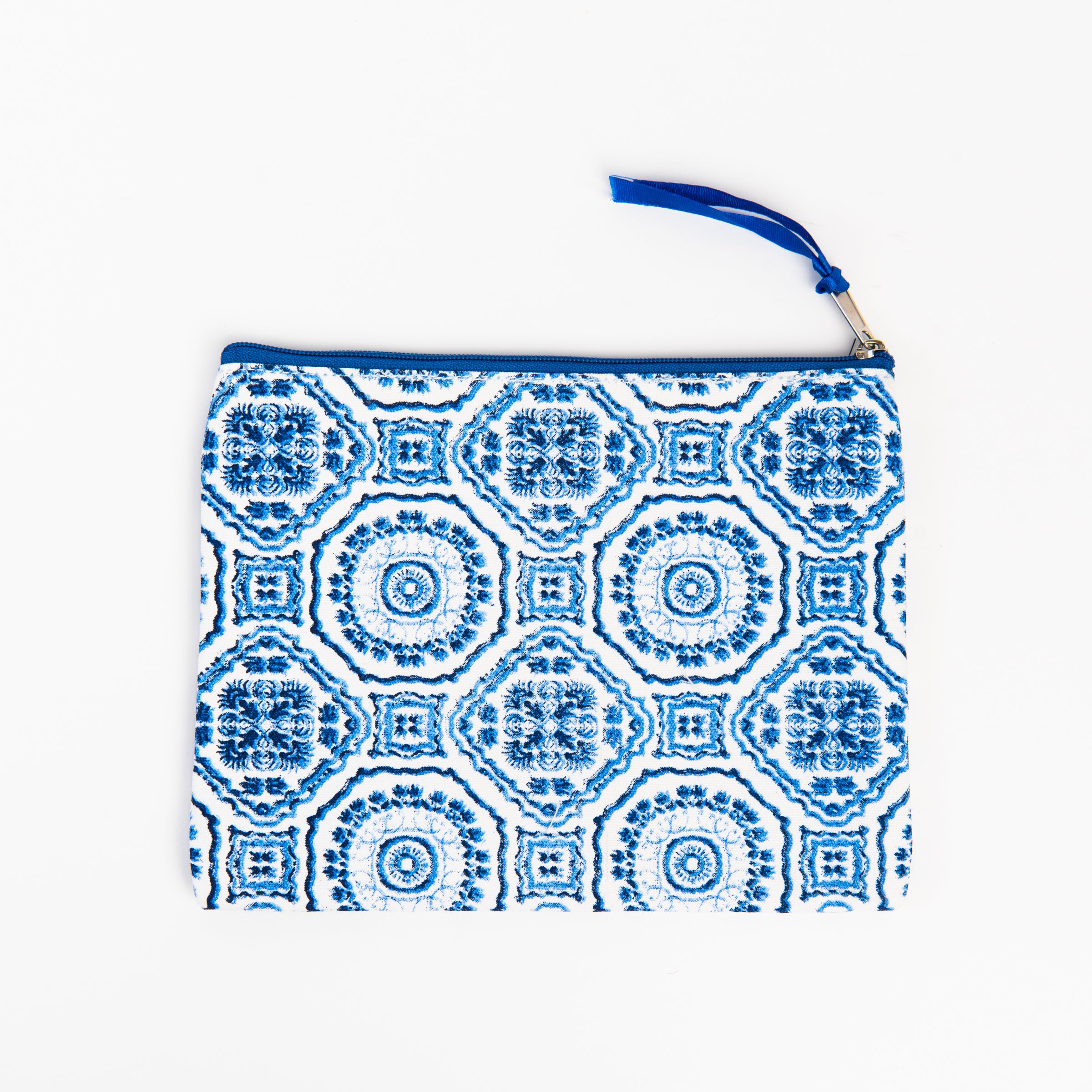 Blue Tile Block Print Zipper Pouch - Large on a white background at Addison West