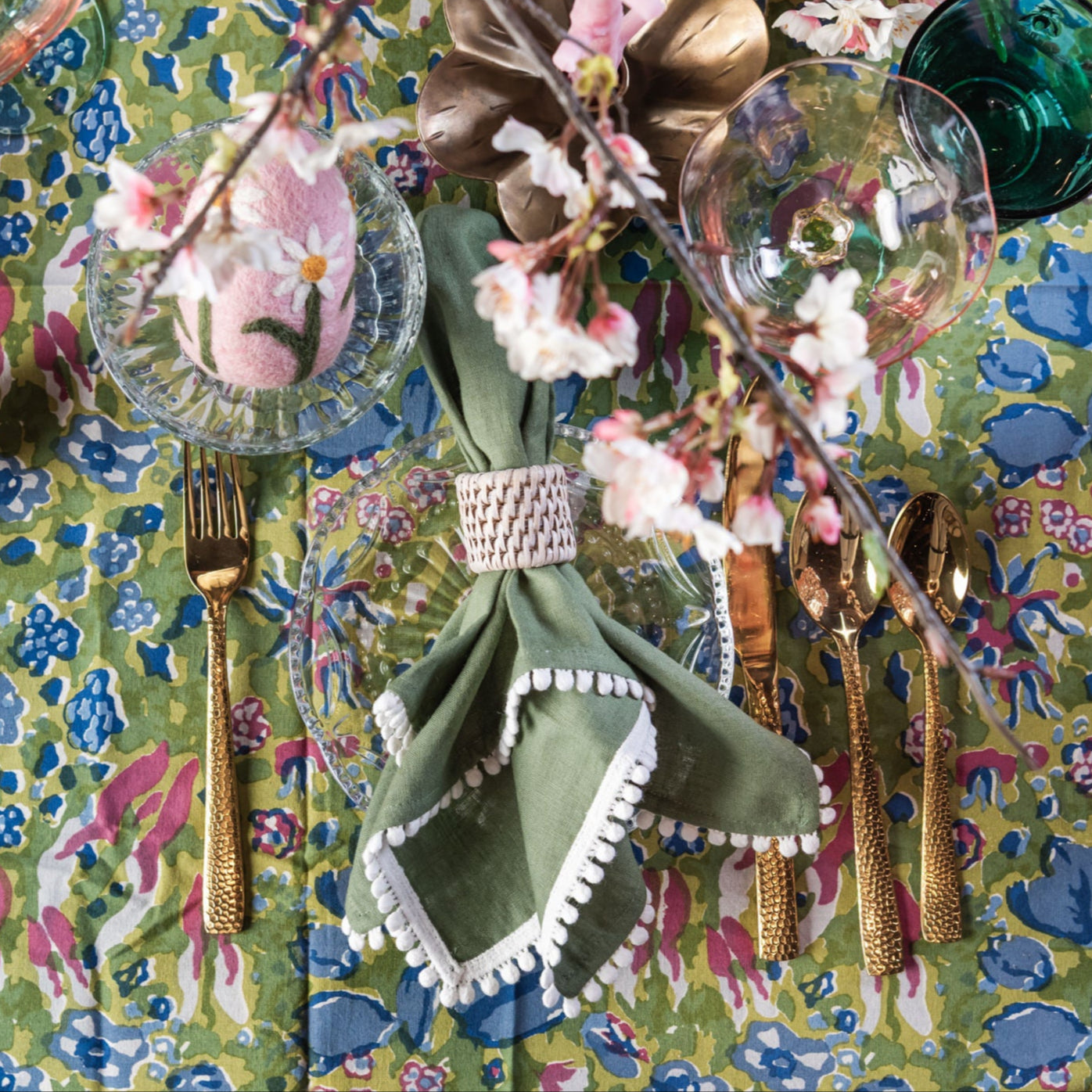 Whitewashed Rattan Napkin Rings - Set of 6 on an Easter table at Addison West