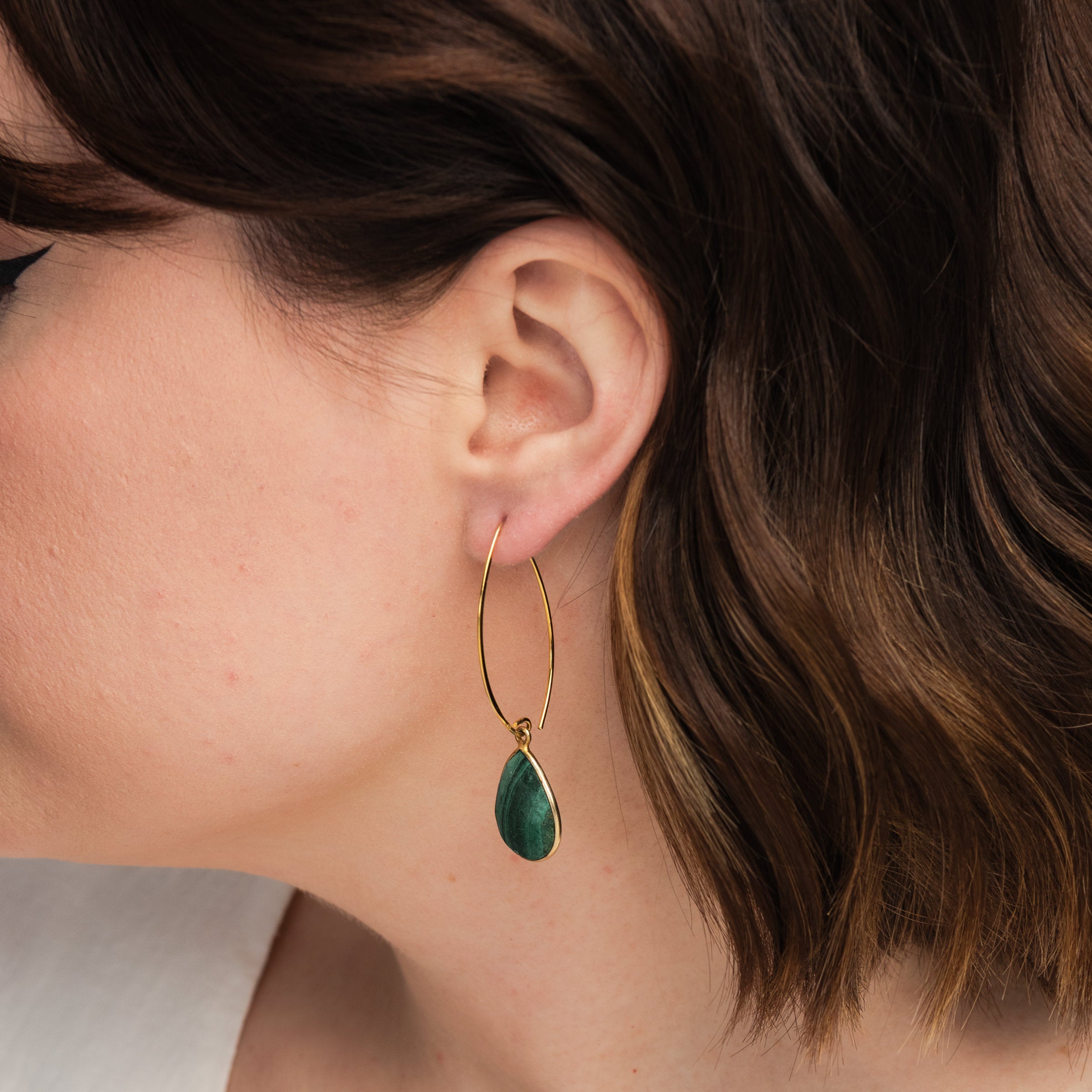 Elli Parr Simone Marquis Earrings in Malachite on a model at Addison West