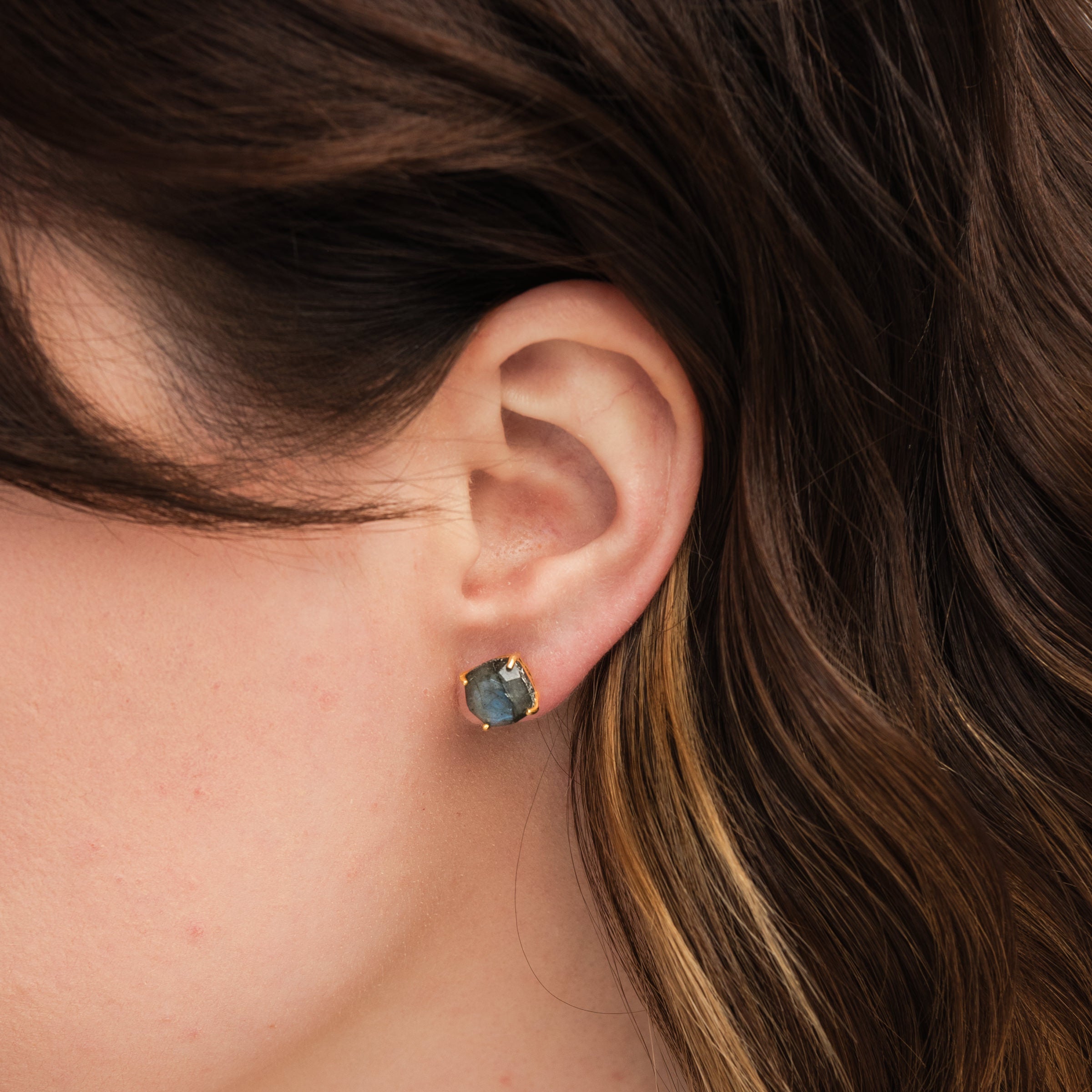 Emmy Studs in Labradorite on a model at Addison West
