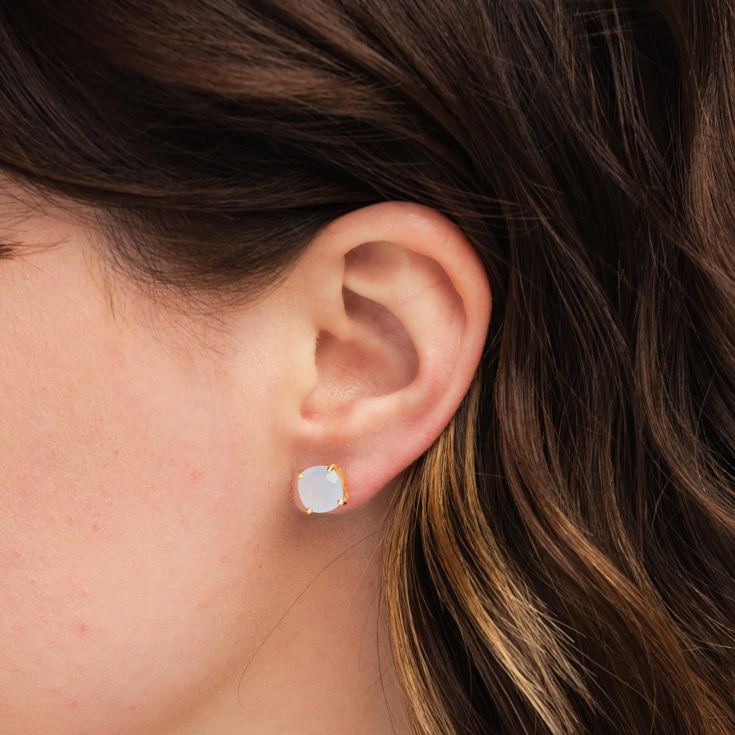 Emmy Studs in Blue Chalcedony on a model at Addison West