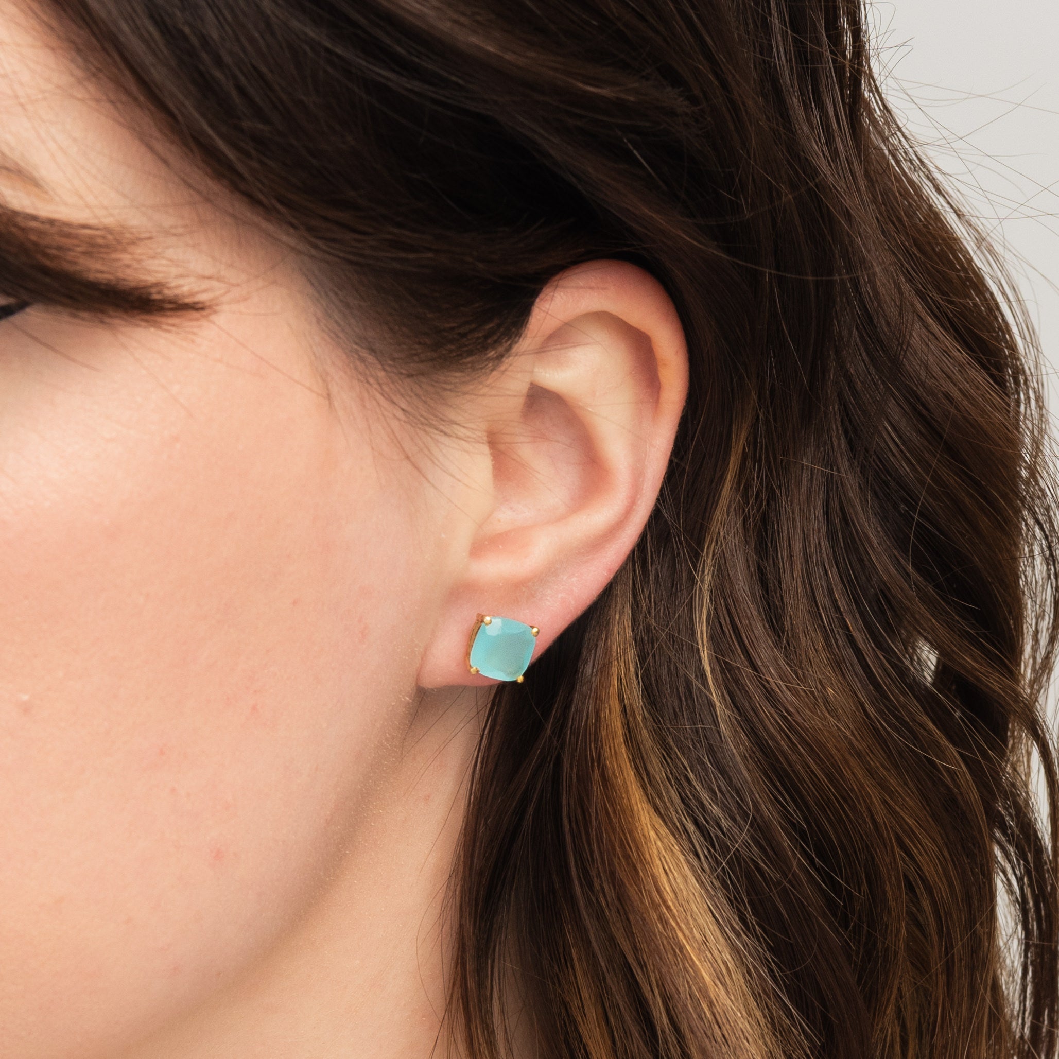 Emmy Studs in Aqua Chalcedony on a model at Addison West