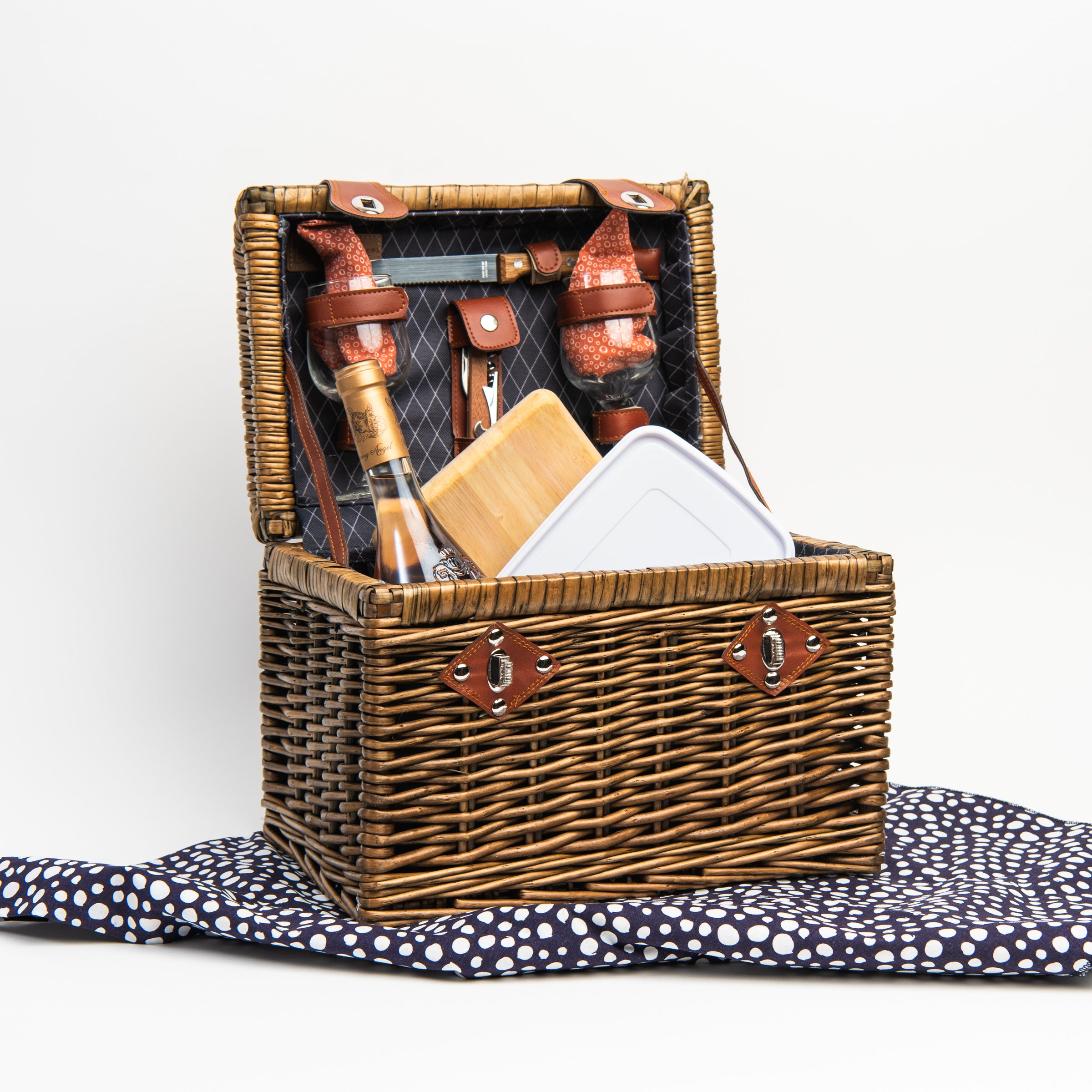 Wine & Cheese Picnic Basket on a white background at Addison West