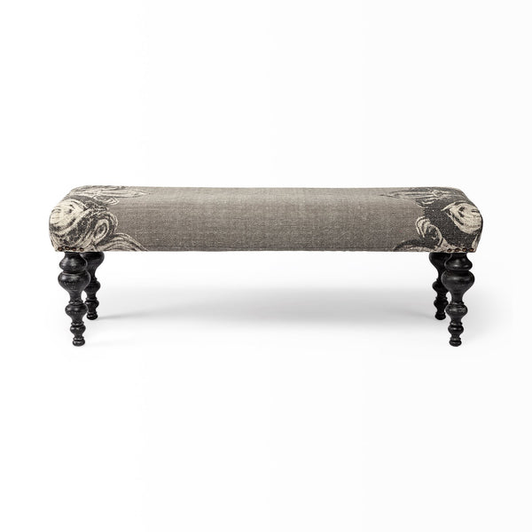 Mercana Brand Alhambra Upholstered Gray Seat with Black Wood Legs Accent Bench on a white background
