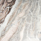 Close up of Allyson Round Medium Brown w/ Pink Marble Pedestal Dining Table