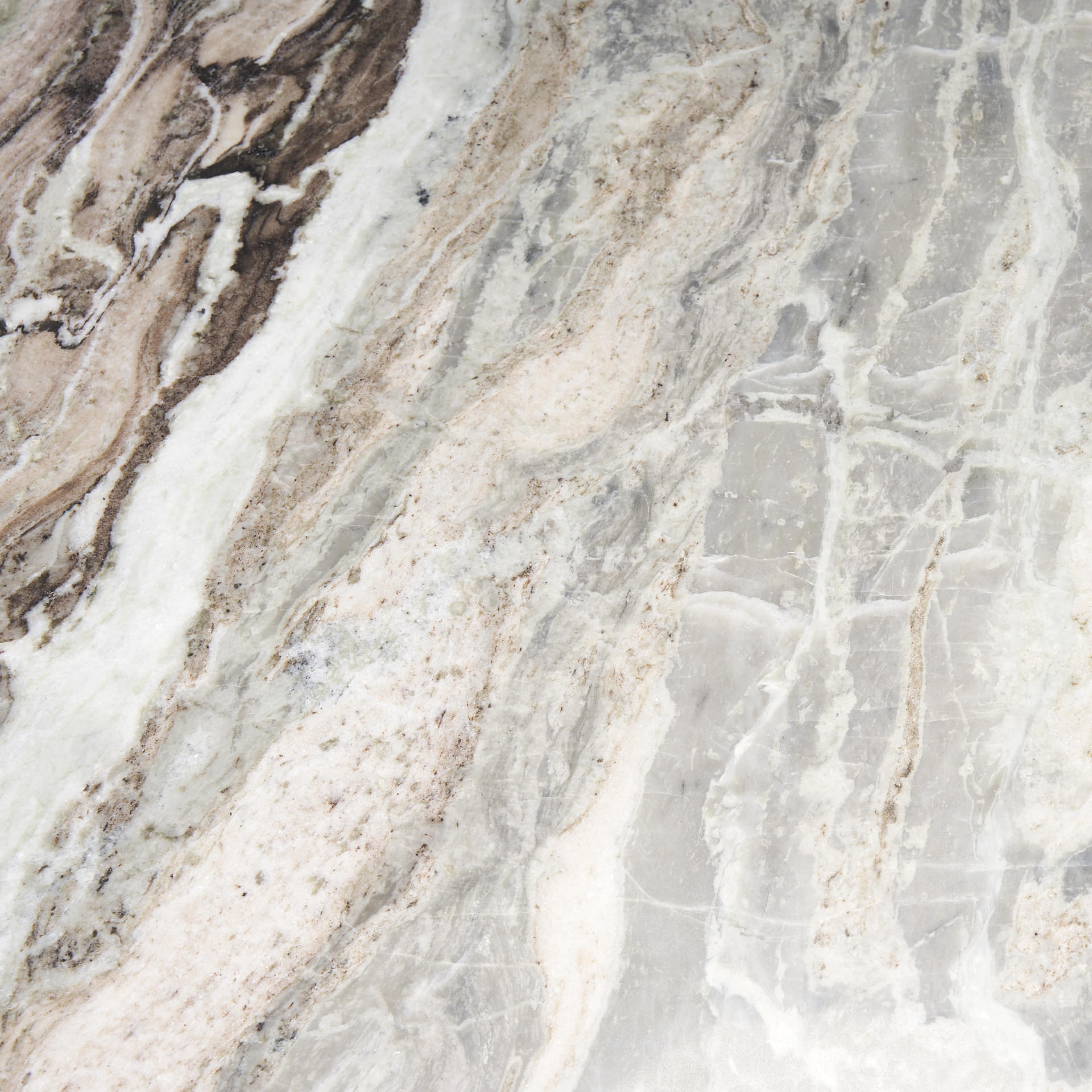 Close up of Allyson Round Medium Brown w/ Pink Marble Pedestal Dining Table