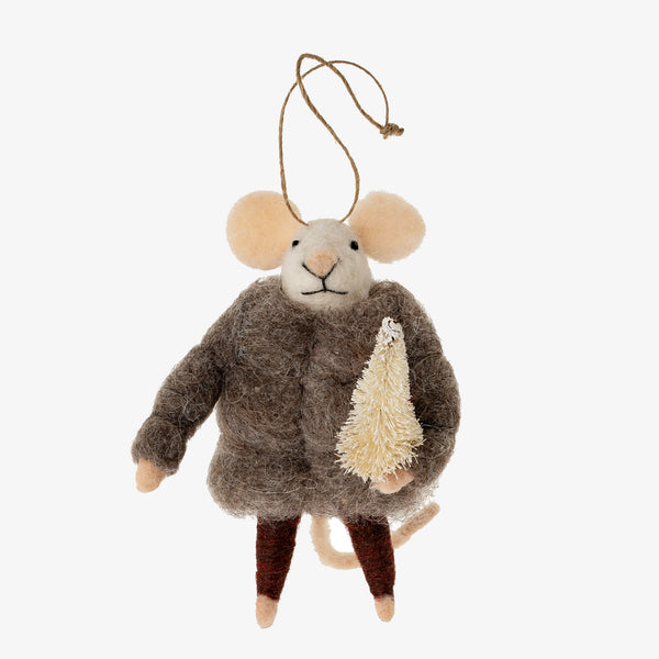 Indaba brand 'alpine alexander' felted mouse onrmanet with bottle brush tree on a white background