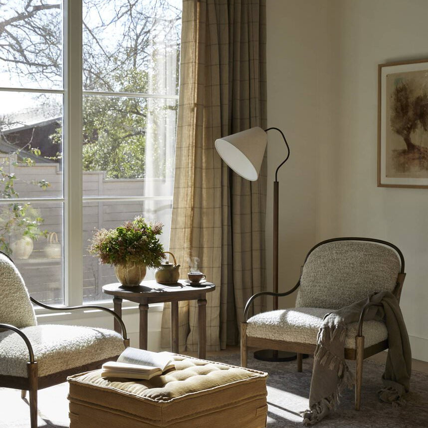 Amber Lewis x Four Hands Charnes End Table in Aged Belgium Bleachin a neutral living room at Addison West
