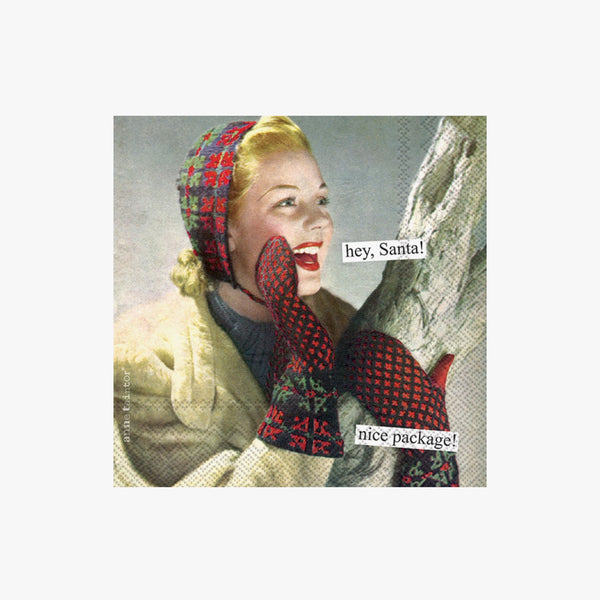 Cocktail napkin with women in vintage clothing saying 'hey santa. nice package' on a white background