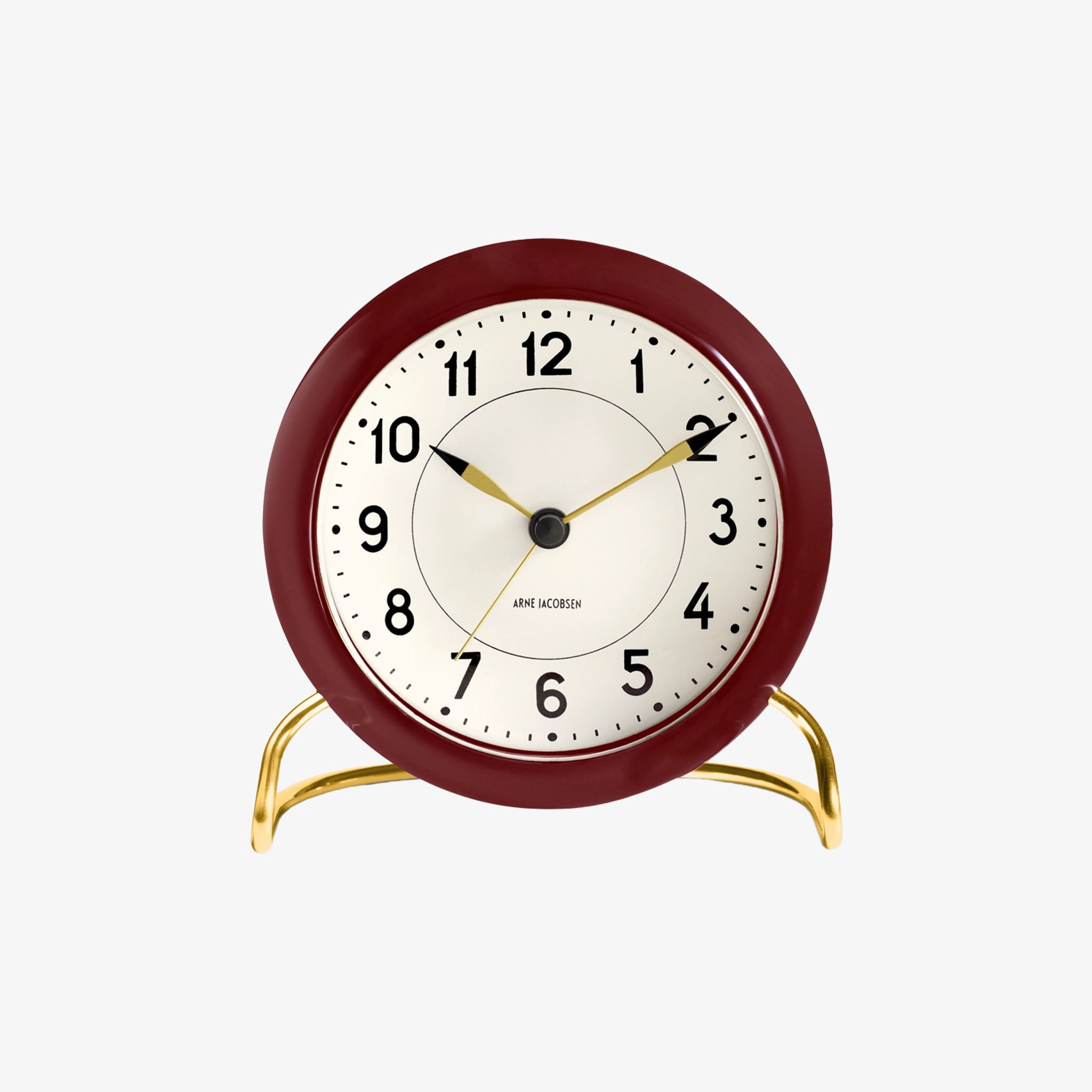 Arne Jacobsen Station Table Clock in Bordeaux on a white background
