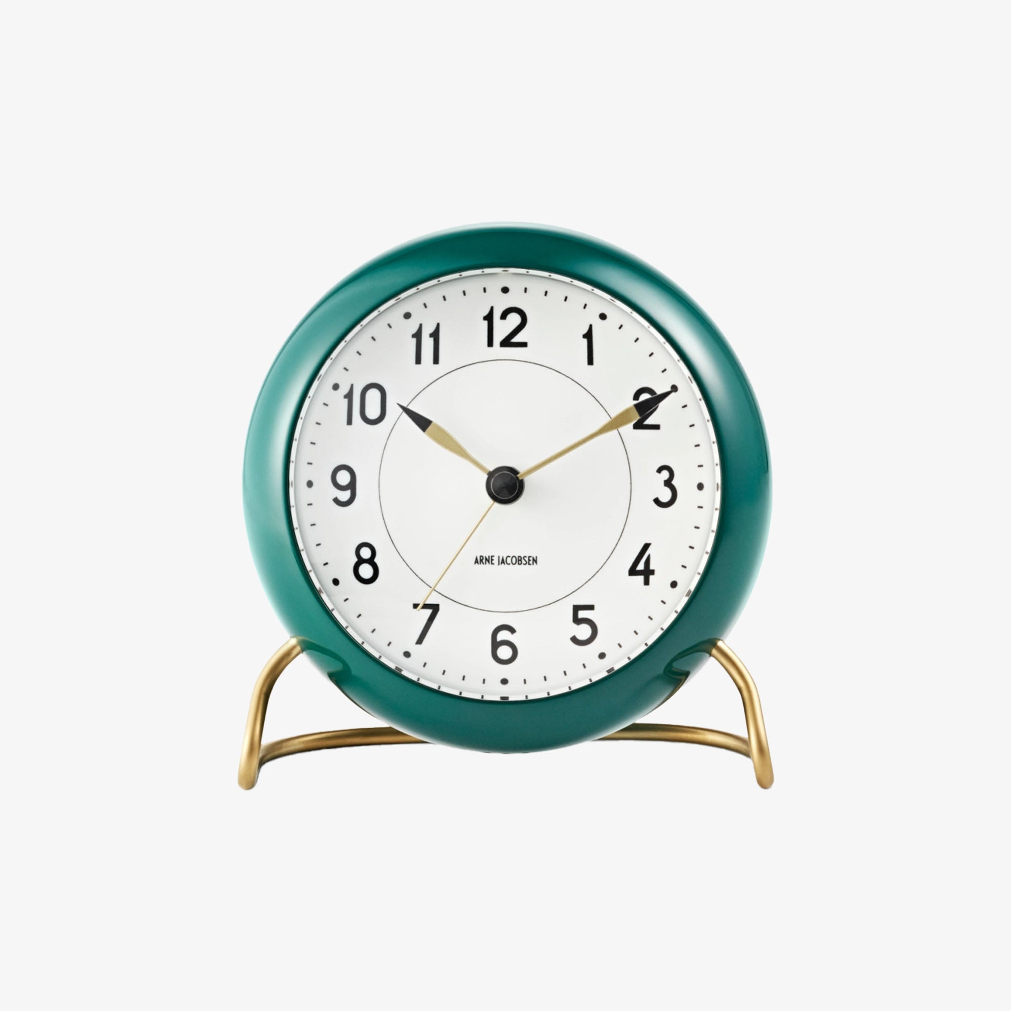 Arne Jacobsen Station Table Clock in Green on a white background