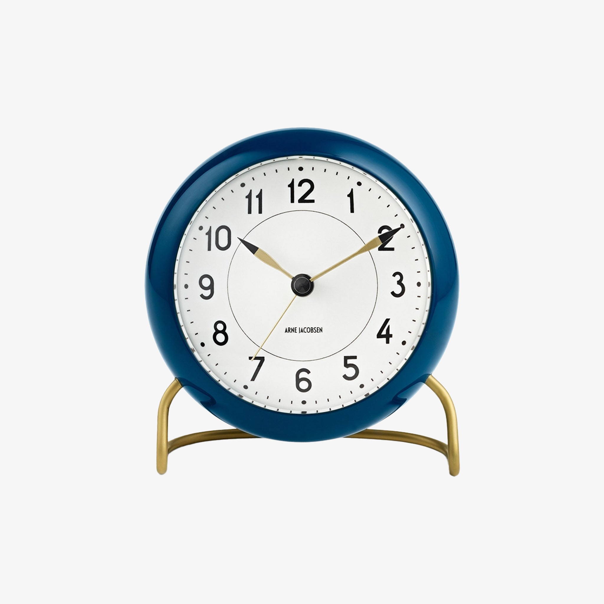 Arne Jacobsen Station Table Clock in Teal on a white background