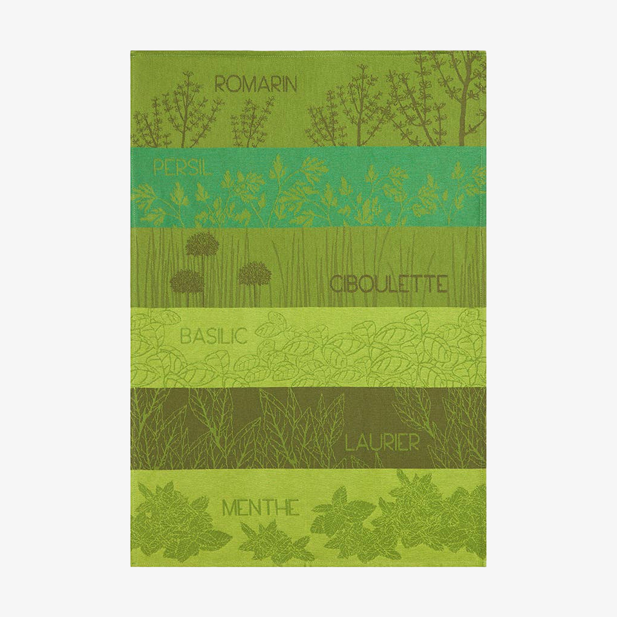 Coucke brand kitchen towel with herb patterns and names on a green background