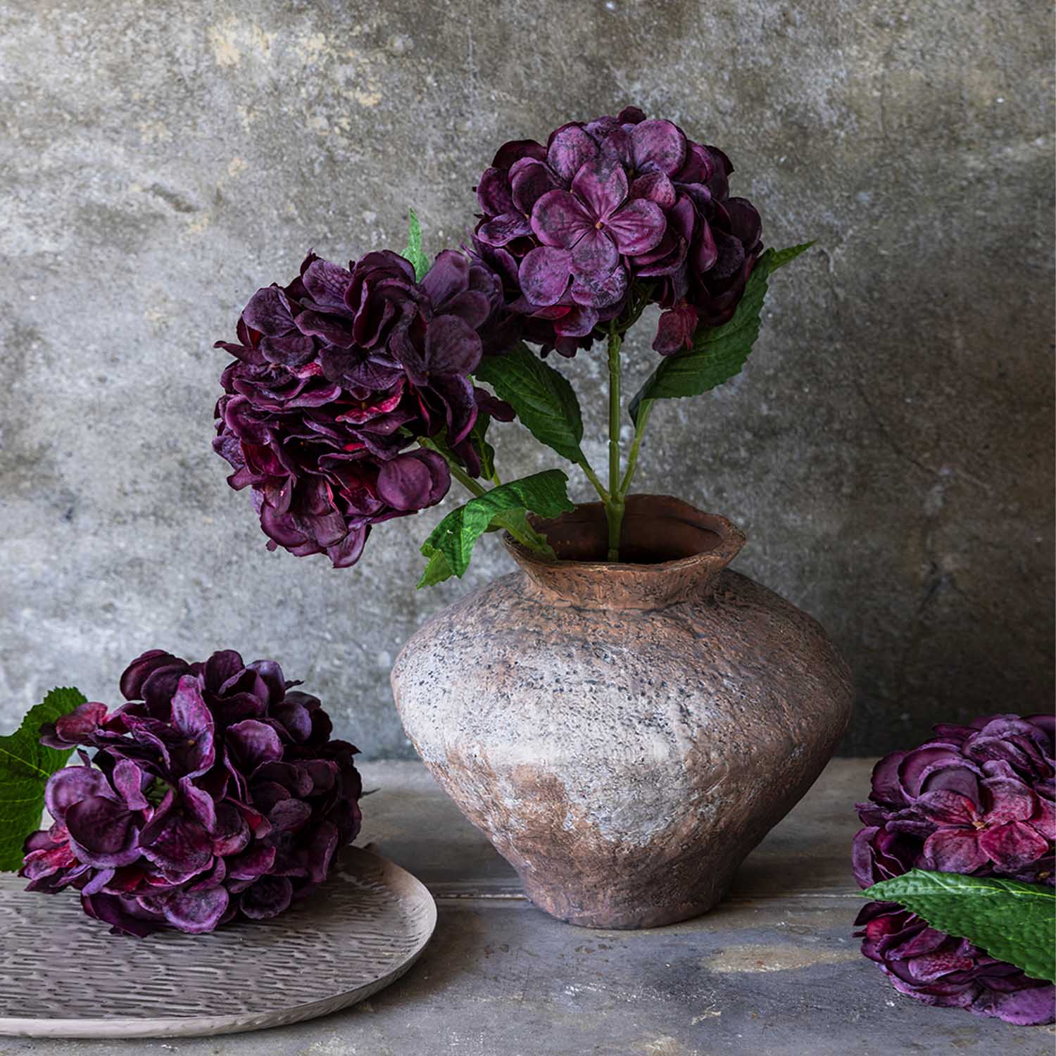 Abigail Ahern Faux Real Touch Hydrangea in Crimson on a grey background at Addison West