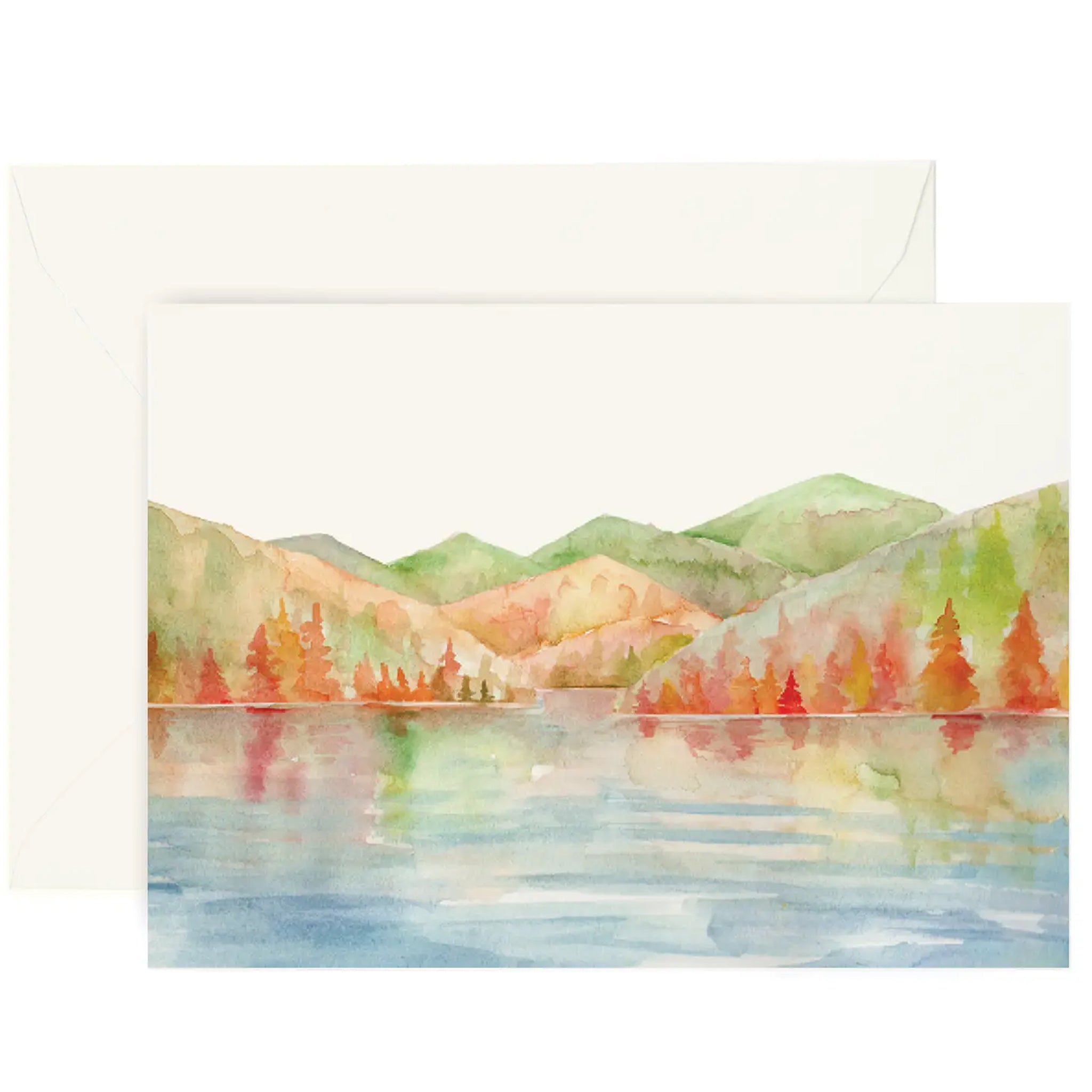 Greeting card by lana's shop of Watercolor painting of a mountain landscape with trees and water on a white background