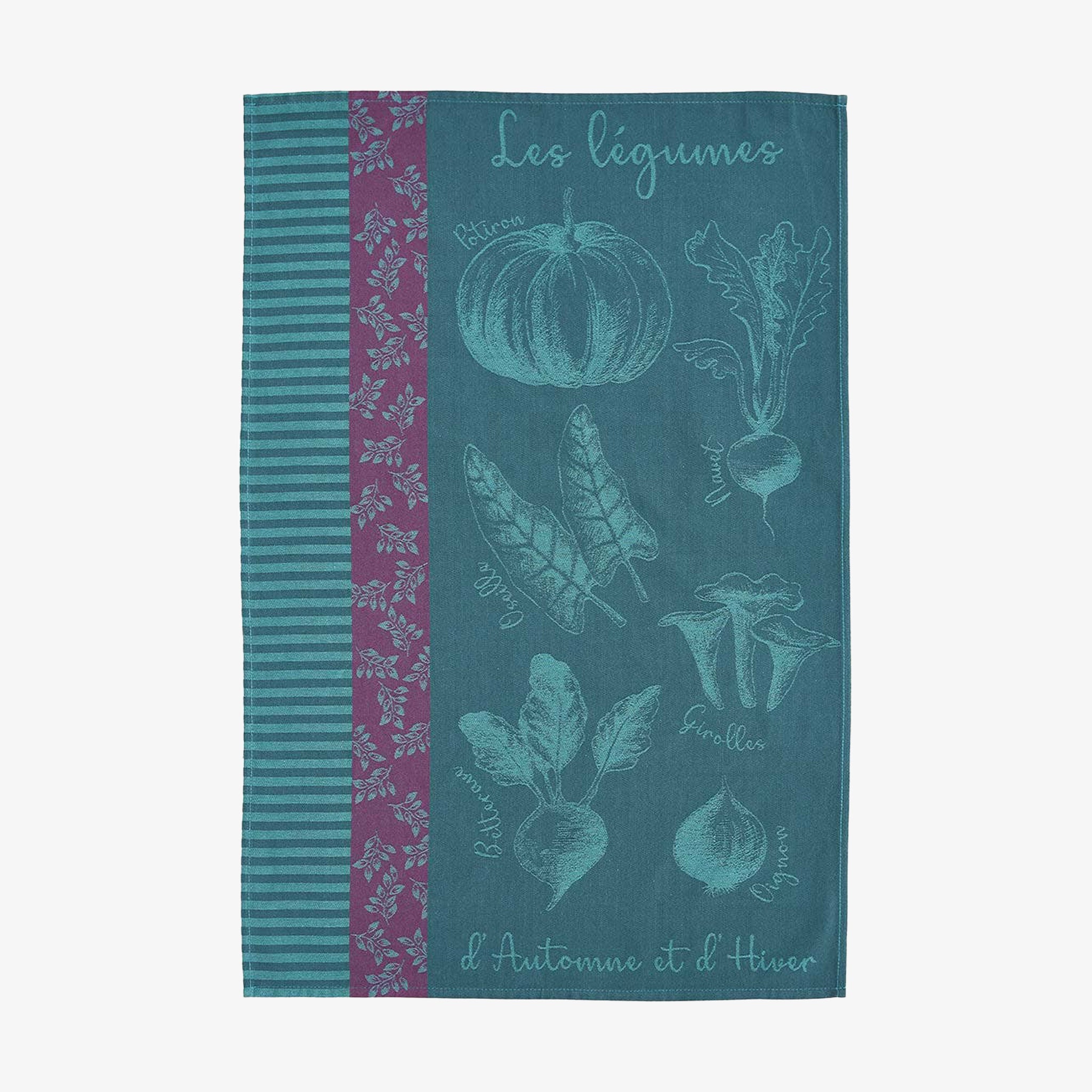 Blue and purple 'Les Legumes' tea towel by coucke with vegetable illustrations and text on a white background