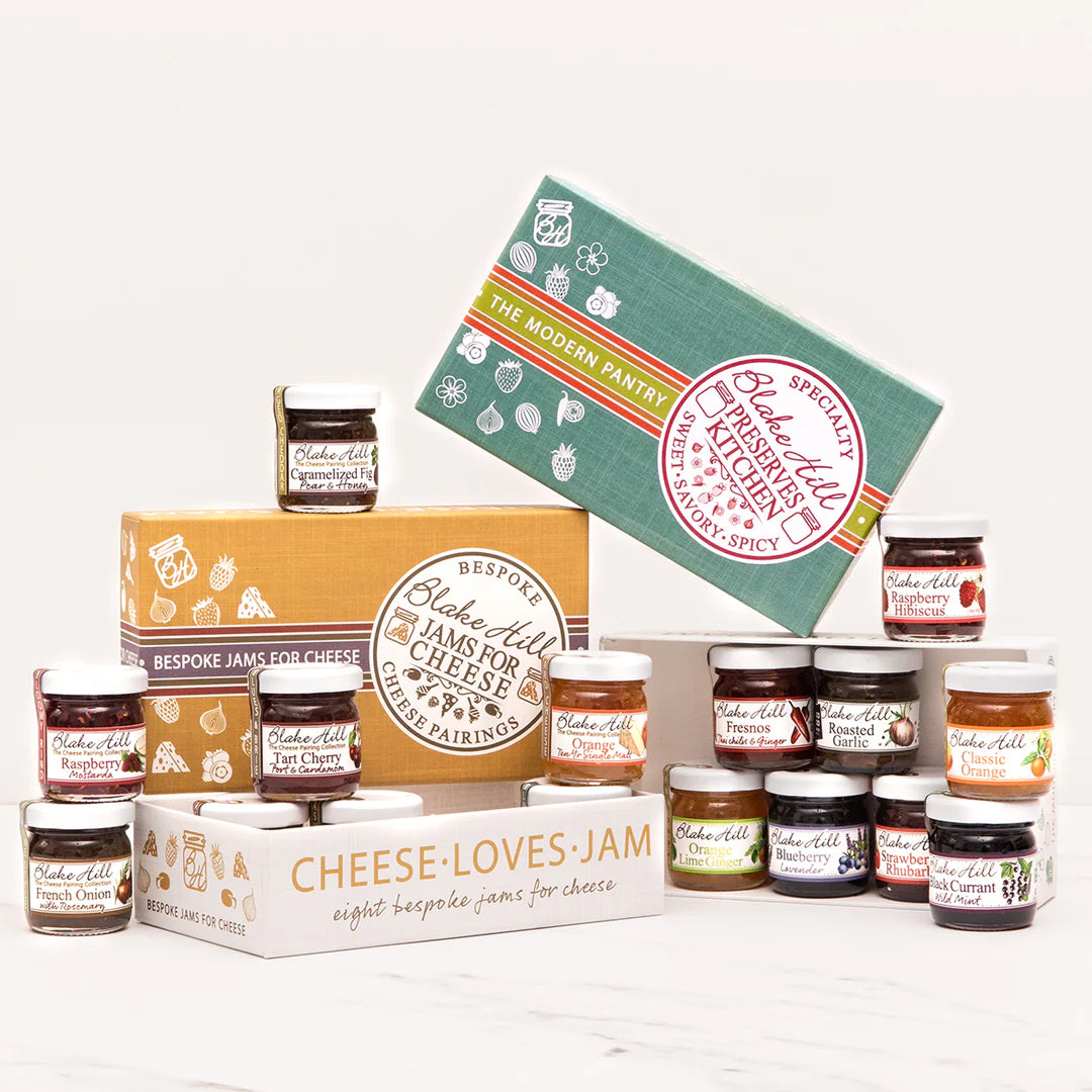 Blake Hill Jam Sampler Gift Box, Cheese Pairing and preserves kitchen gift box on a white background at Addison West