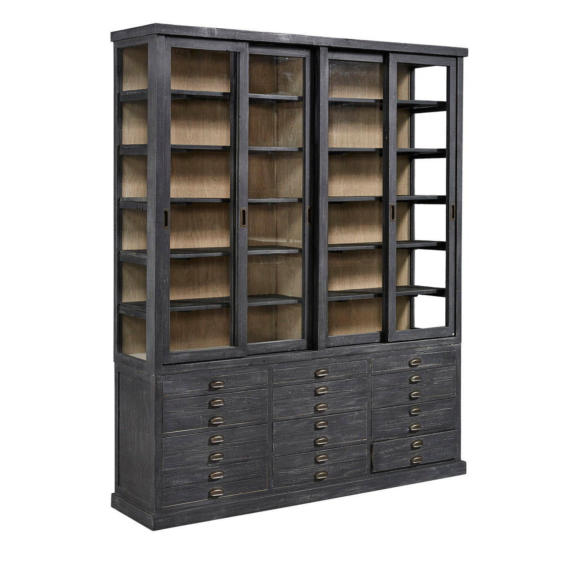 Furniture Classics brand balmoral display cabinet with 24 small drawers below and shelves with glass sliding doors on a white background