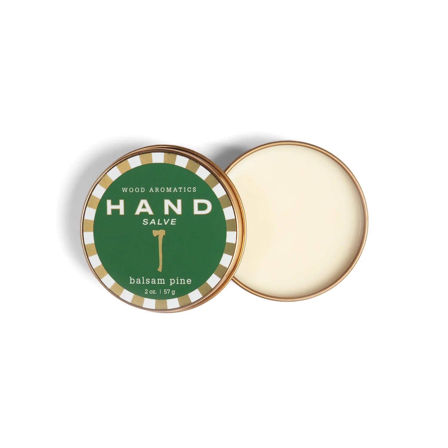 Hand salve in a tin with green label on a white background