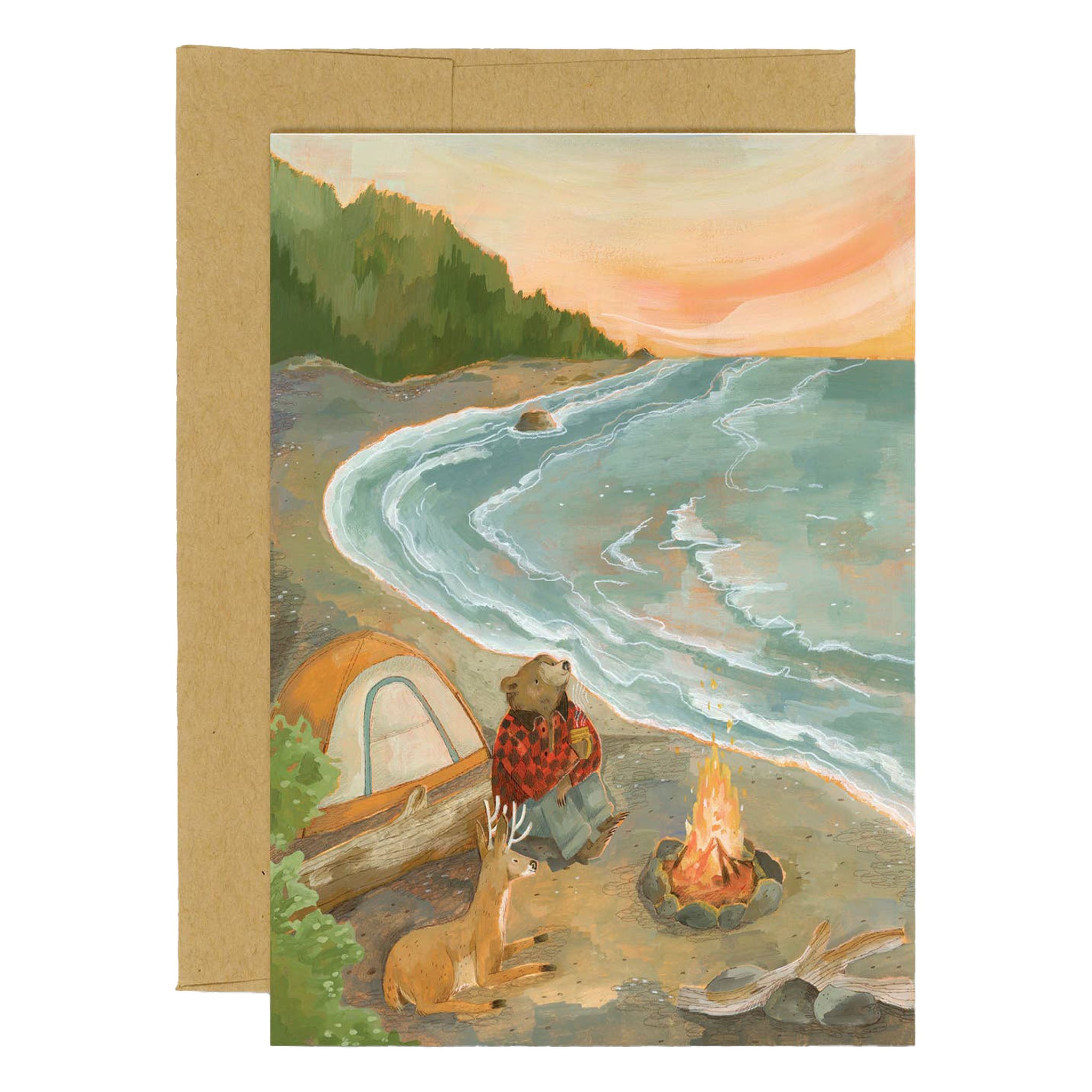 Illustrated greeting card with bear and deer by a campfire near water on a white background